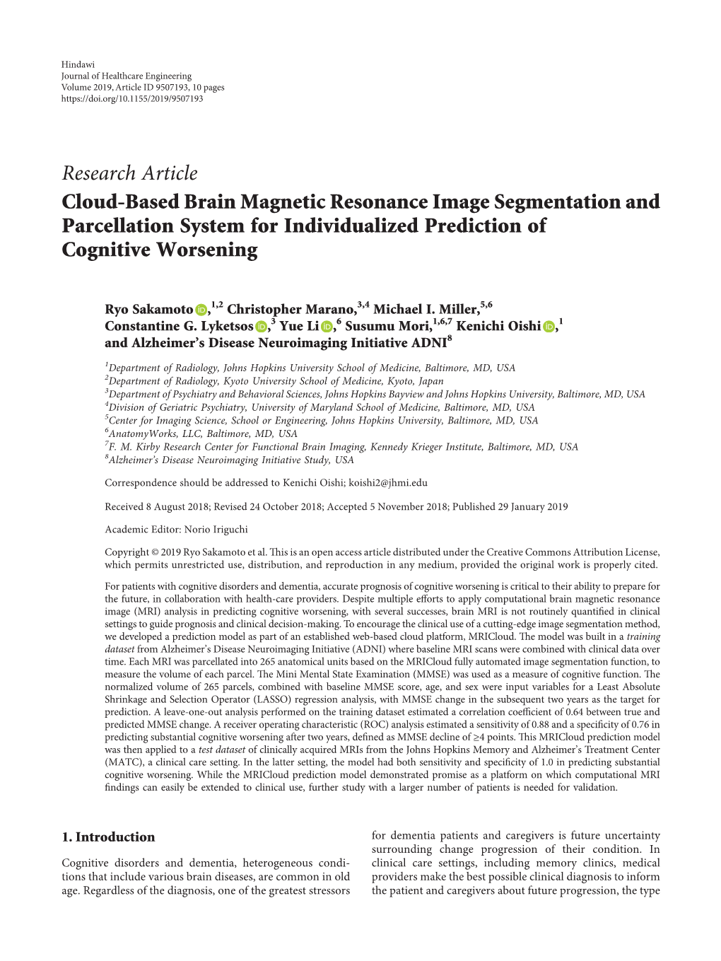 Research Article Cloud-Based Brain Magnetic Resonance Image Segmentation and Parcellation System for Individualized Prediction of Cognitive Worsening