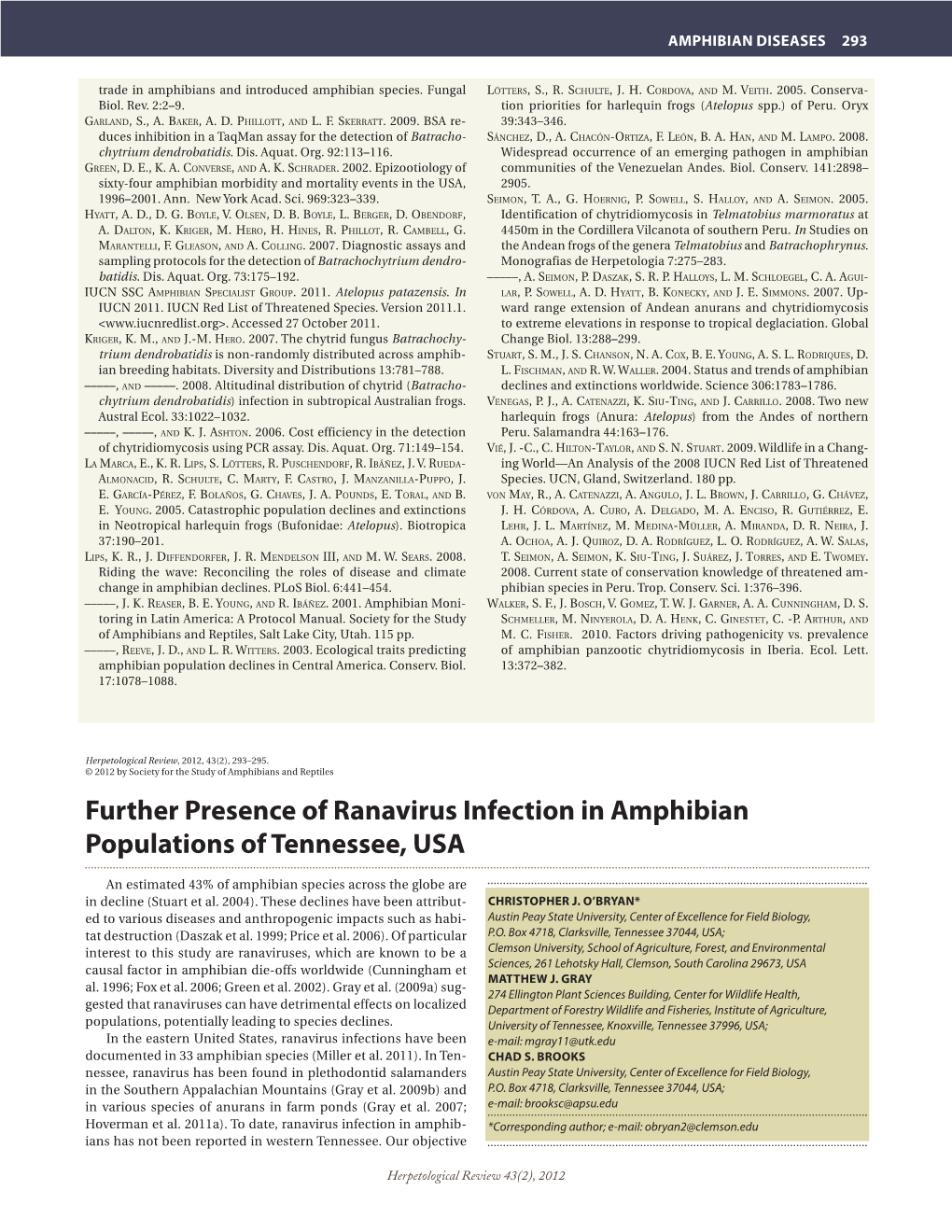 Further Presence of Ranavirus Infection in Amphibian Populations of Tennessee, USA