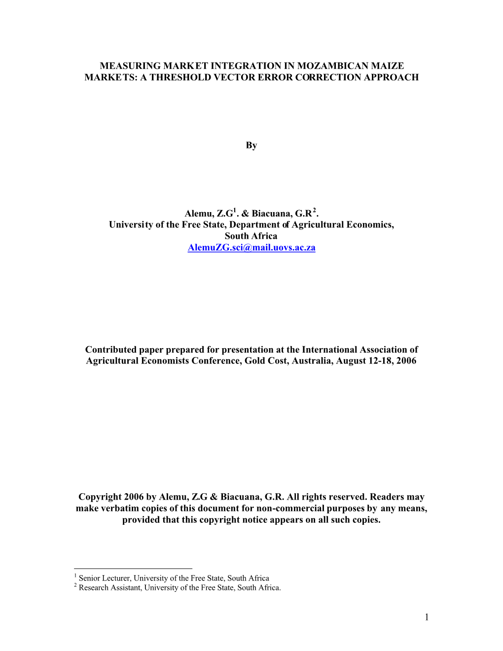 1 Measuring Market Integration in Mozambican Maize Markets: a Threshold Vector Error Correction Approach3