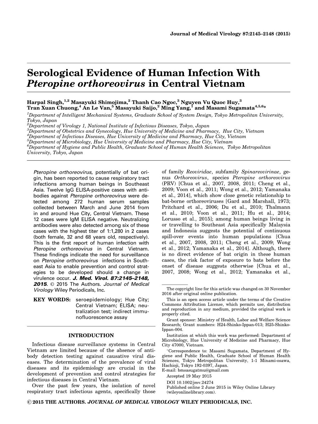 Serological Evidence of Human Infection with Pteropine Orthoreovirus in Central Vietnam