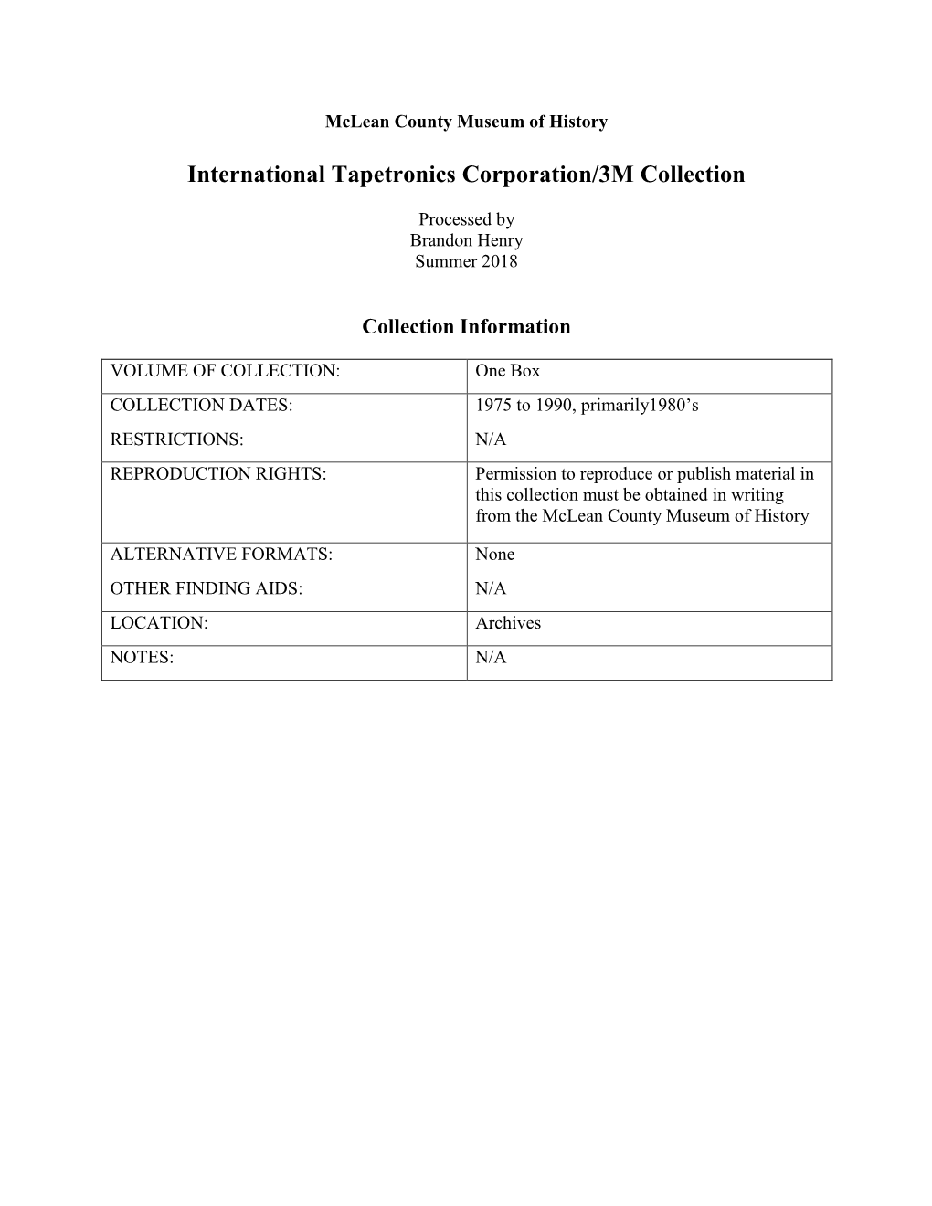International Tapetronics Corporation/3M Collection