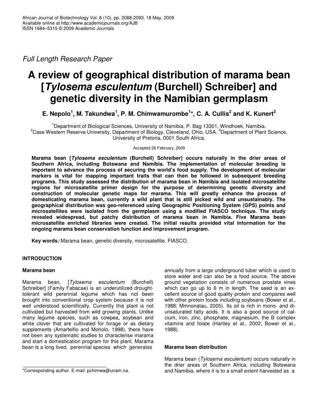 A Review of Geographical Distribution of Marama Bean [Tylosema Esculentum (Burchell) Schreiber] and Genetic Diversity in the Namibian Germplasm