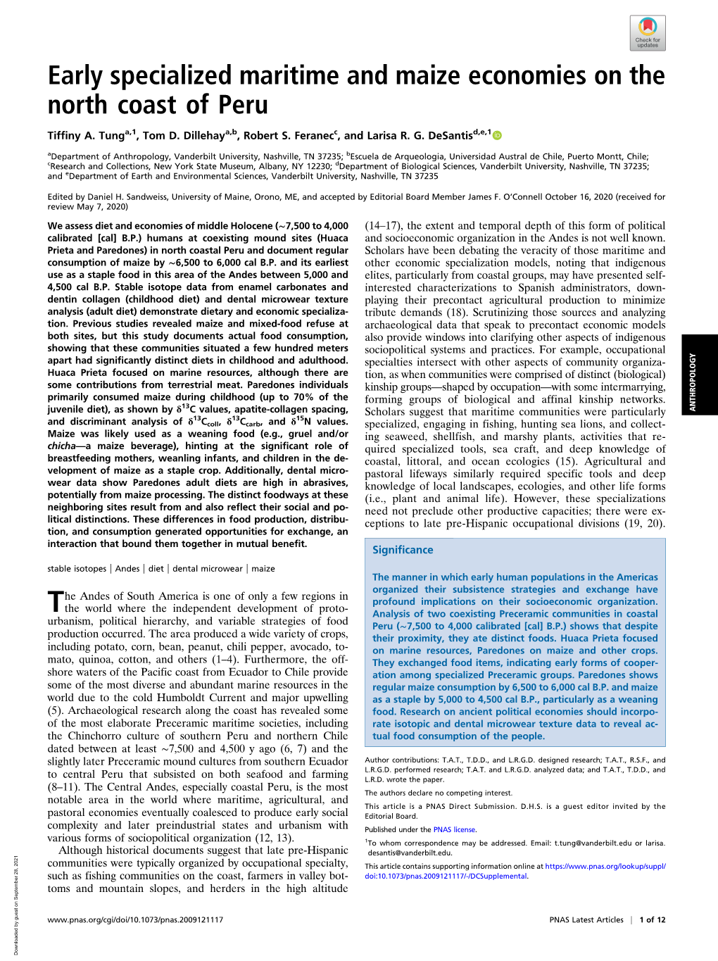 Early Specialized Maritime and Maize Economies on the North Coast of Peru