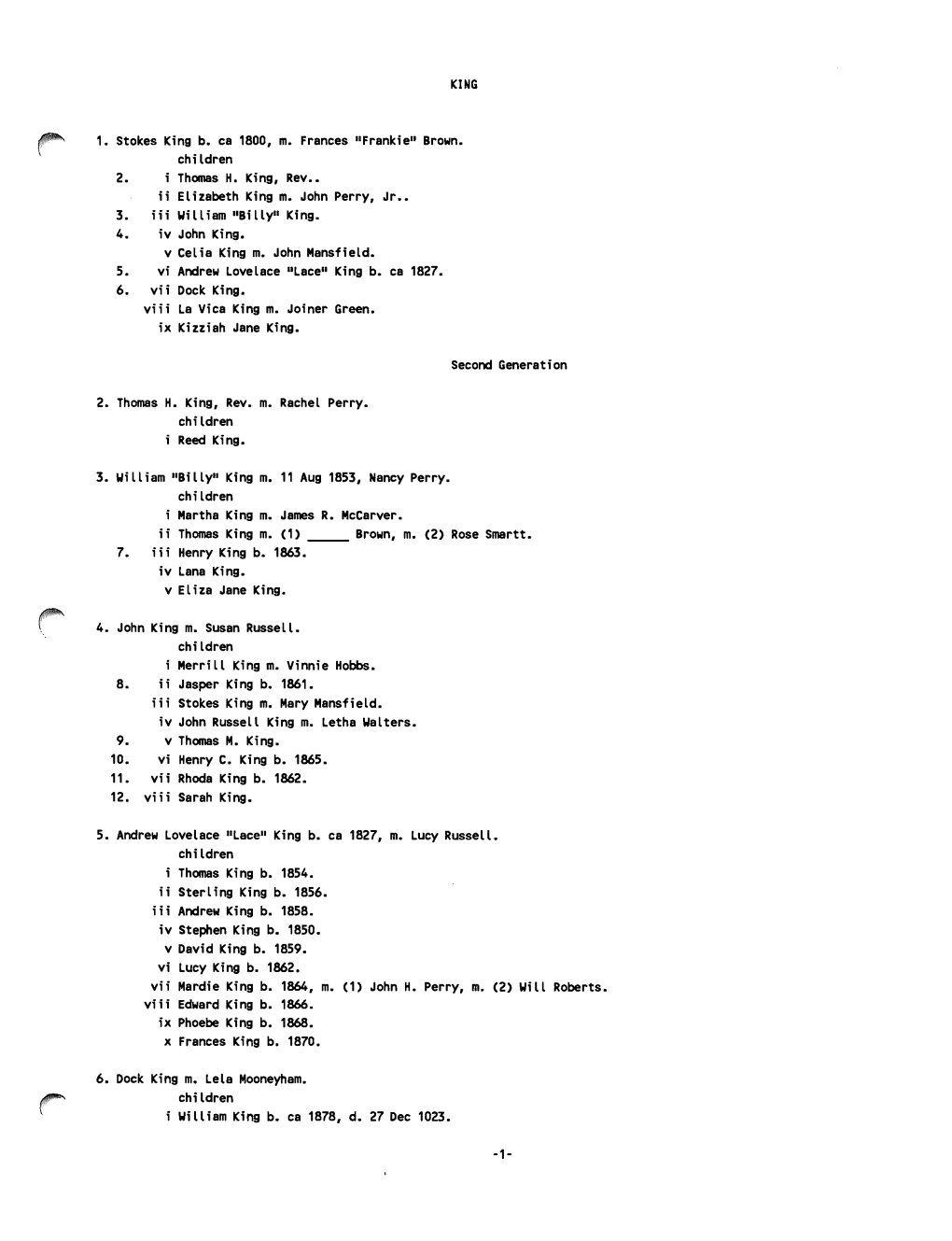 Brown. Children 2. Thomas H. King, Rev •• Ii Elizabeth King M