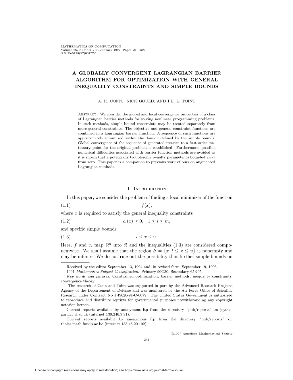 A Globally Convergent Lagrangian Barrier Algorithm for Optimization with General Inequality Constraints and Simple Bounds