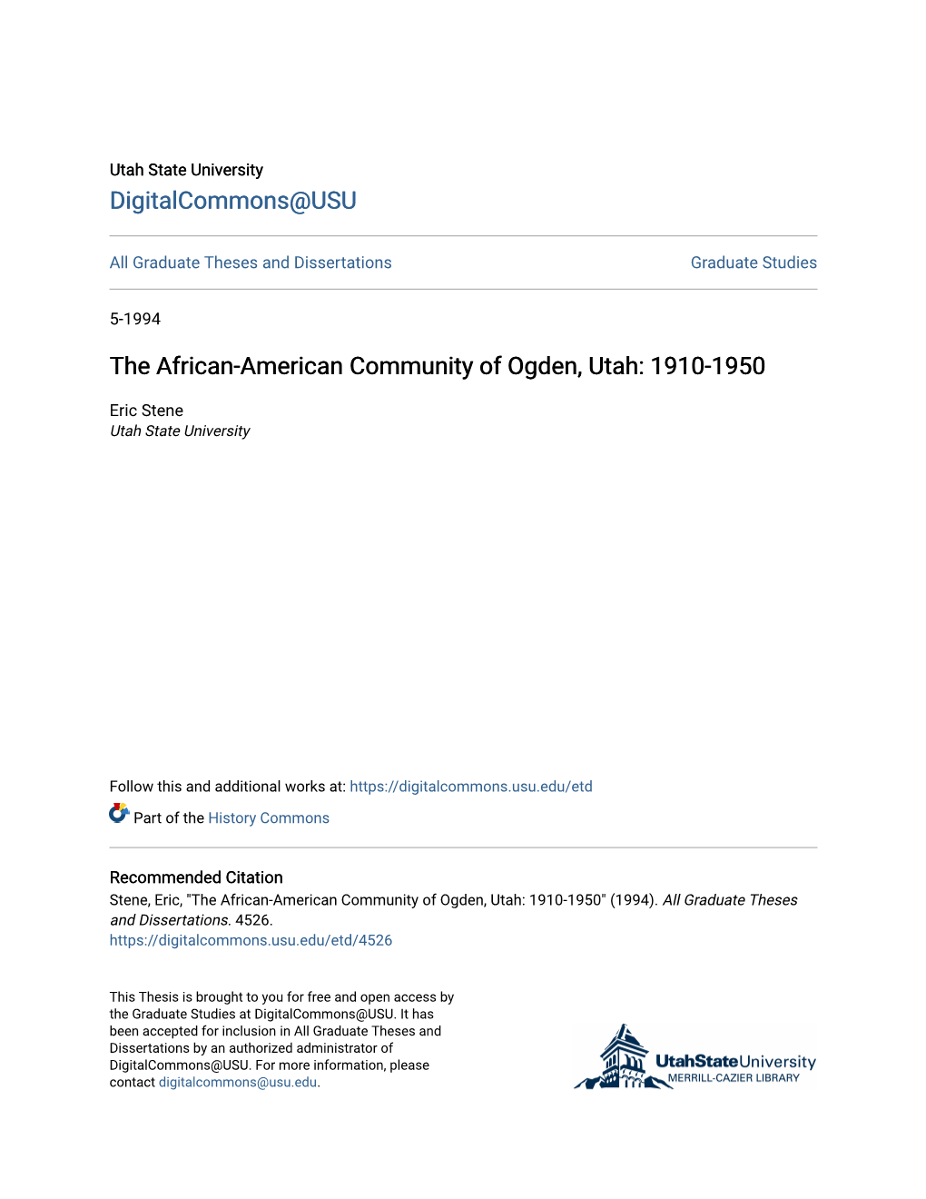 The African-American Community of Ogden, Utah: 1910-1950