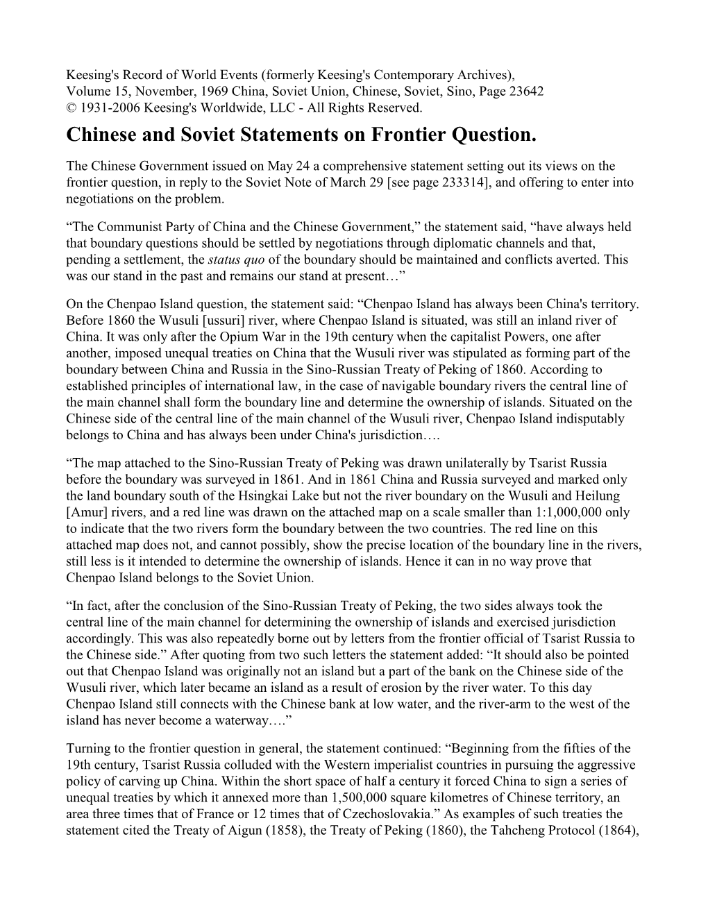 Chinese and Soviet Statements on Frontier Question