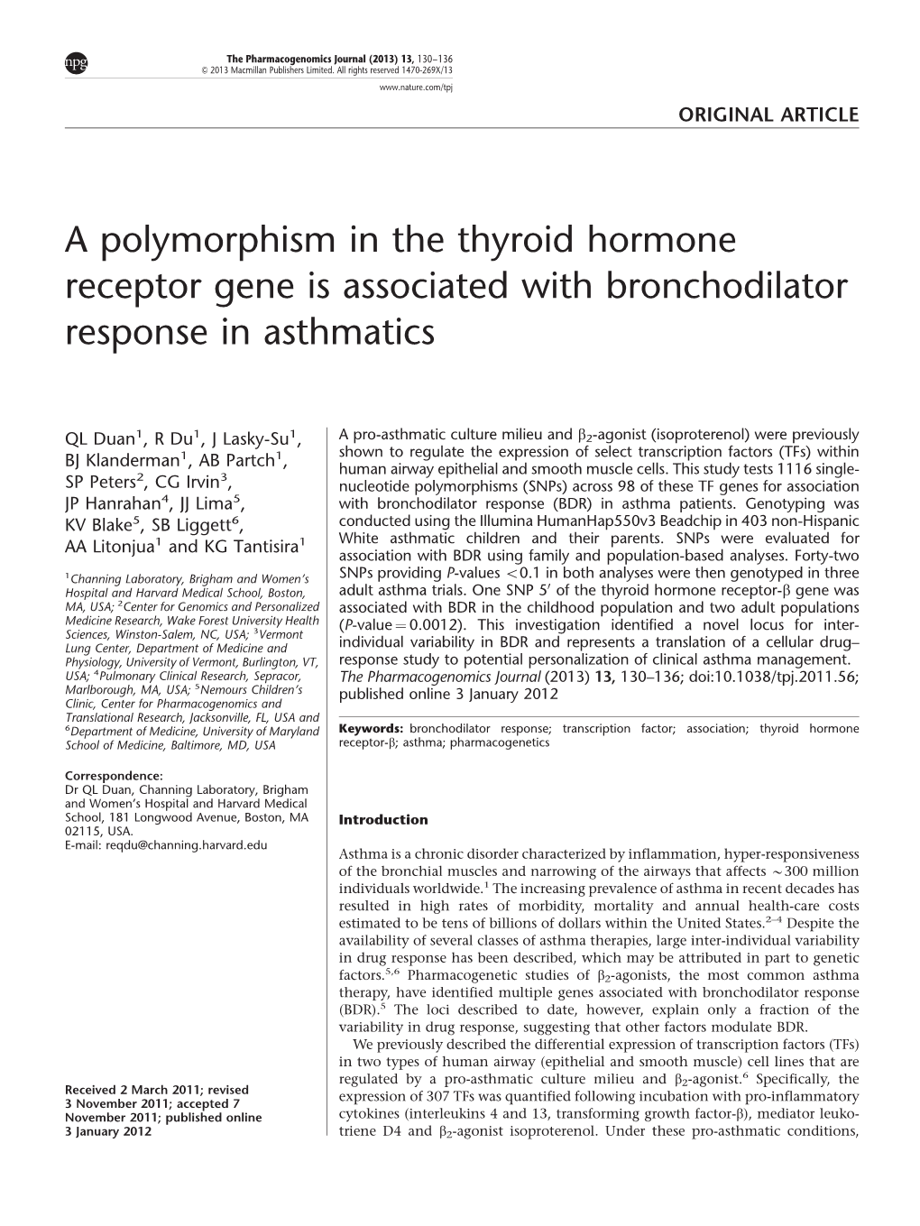 A Polymorphism in the Thyroid Hormone Receptor Gene Is Associated with Bronchodilator Response in Asthmatics