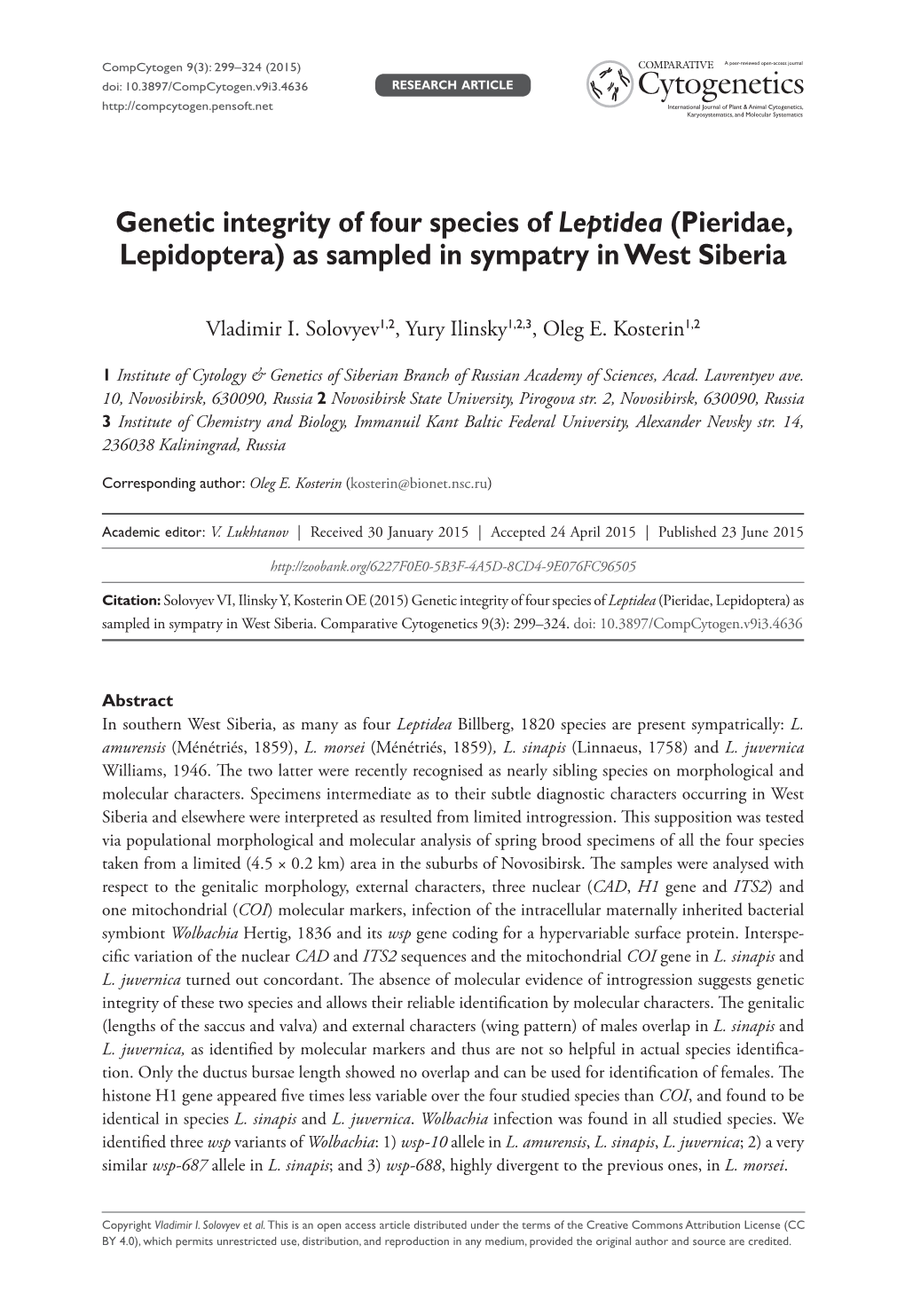 Genetic Integrity of Four Species of Leptidea (Pieridae, Lepidoptera) As Sampled in Sympatry in West Siberia