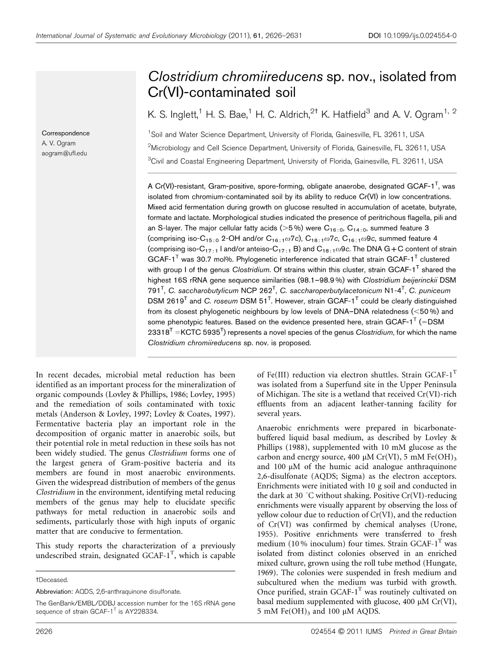 Clostridium Chromiireducens Sp. Nov., Isolated from Cr(VI)-Contaminated Soil