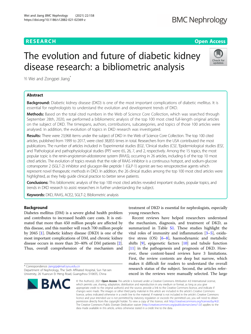 The Evolution and Future of Diabetic Kidney Disease Research: a Bibliometric Analysis Yi Wei and Zongpei Jiang*