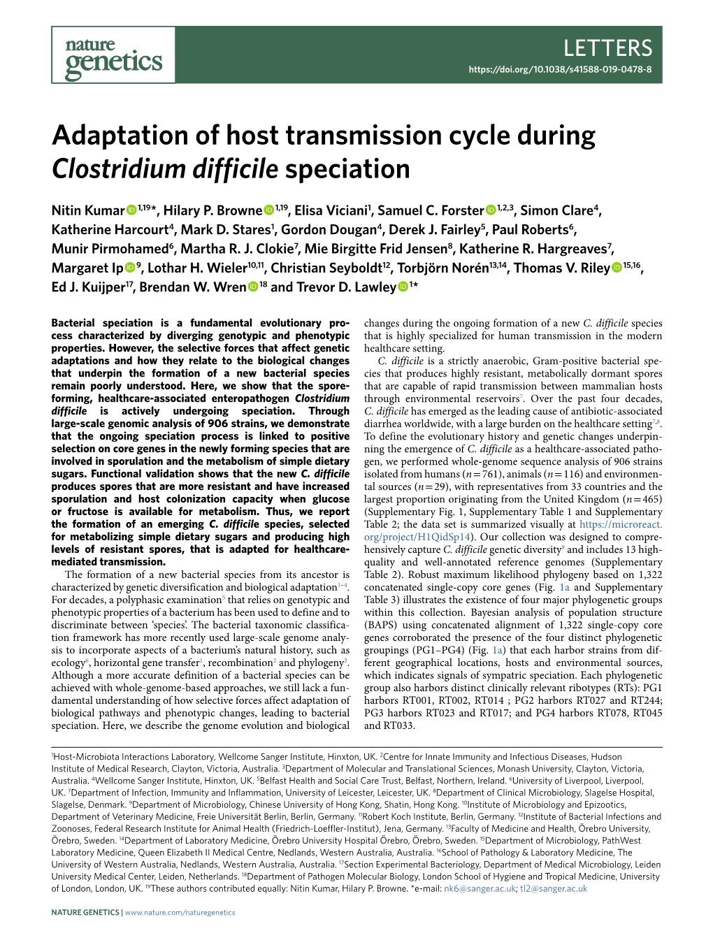 Adaptation of Host Transmission Cycle During Clostridium Difficile Speciation