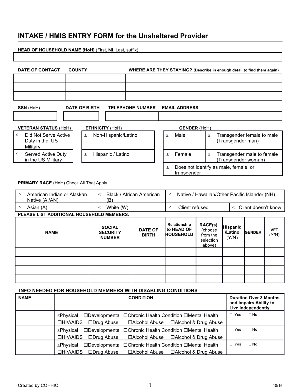 HPRP HMIS Data Collection: INTAKE FORM