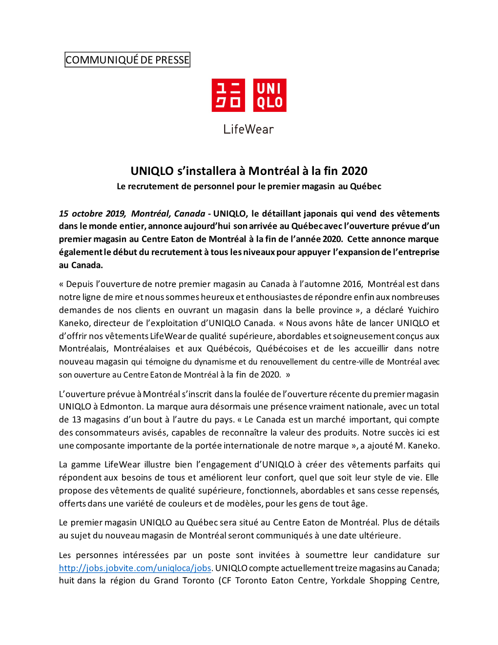 UNIQLO S'installera À Montréal À La Fin 2020