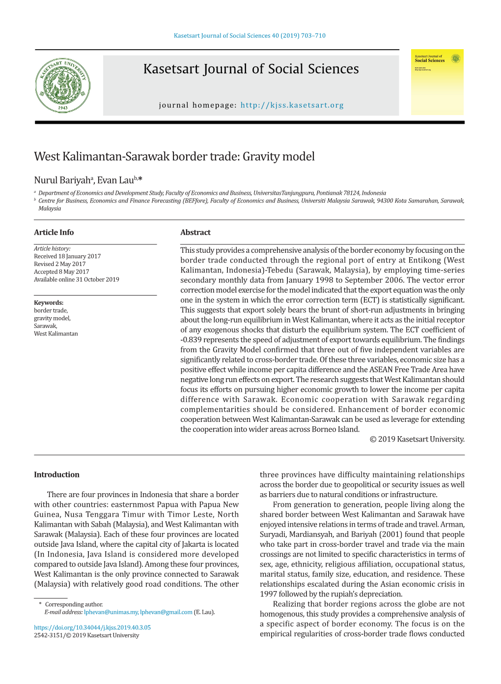 West Kalimantan-Sarawak Border Trade: Gravity Model