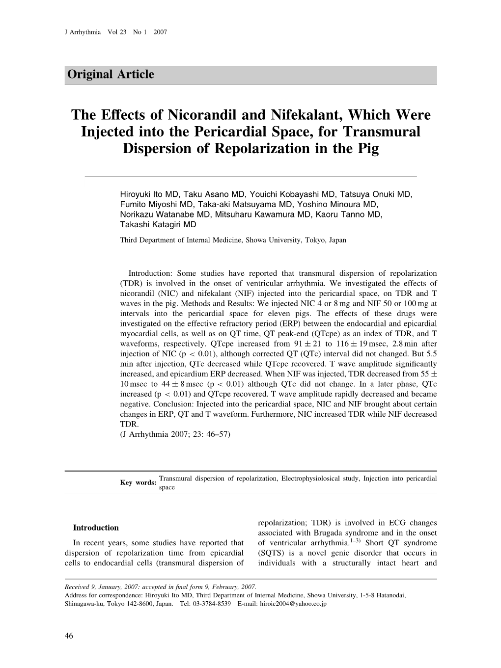 The Effects of Nicorandil and Nifekalant, Which Were Injected