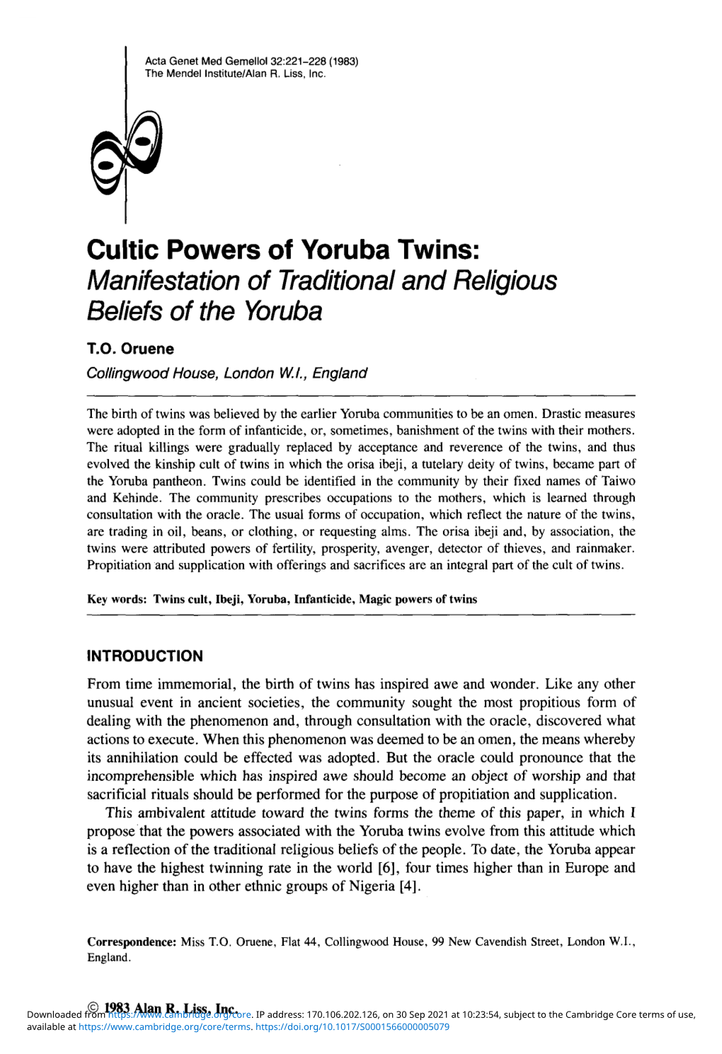 Cultic Powers of Yoruba Twins: Manifestation of Traditional and Religious Beliefs of the Yoruba T.O