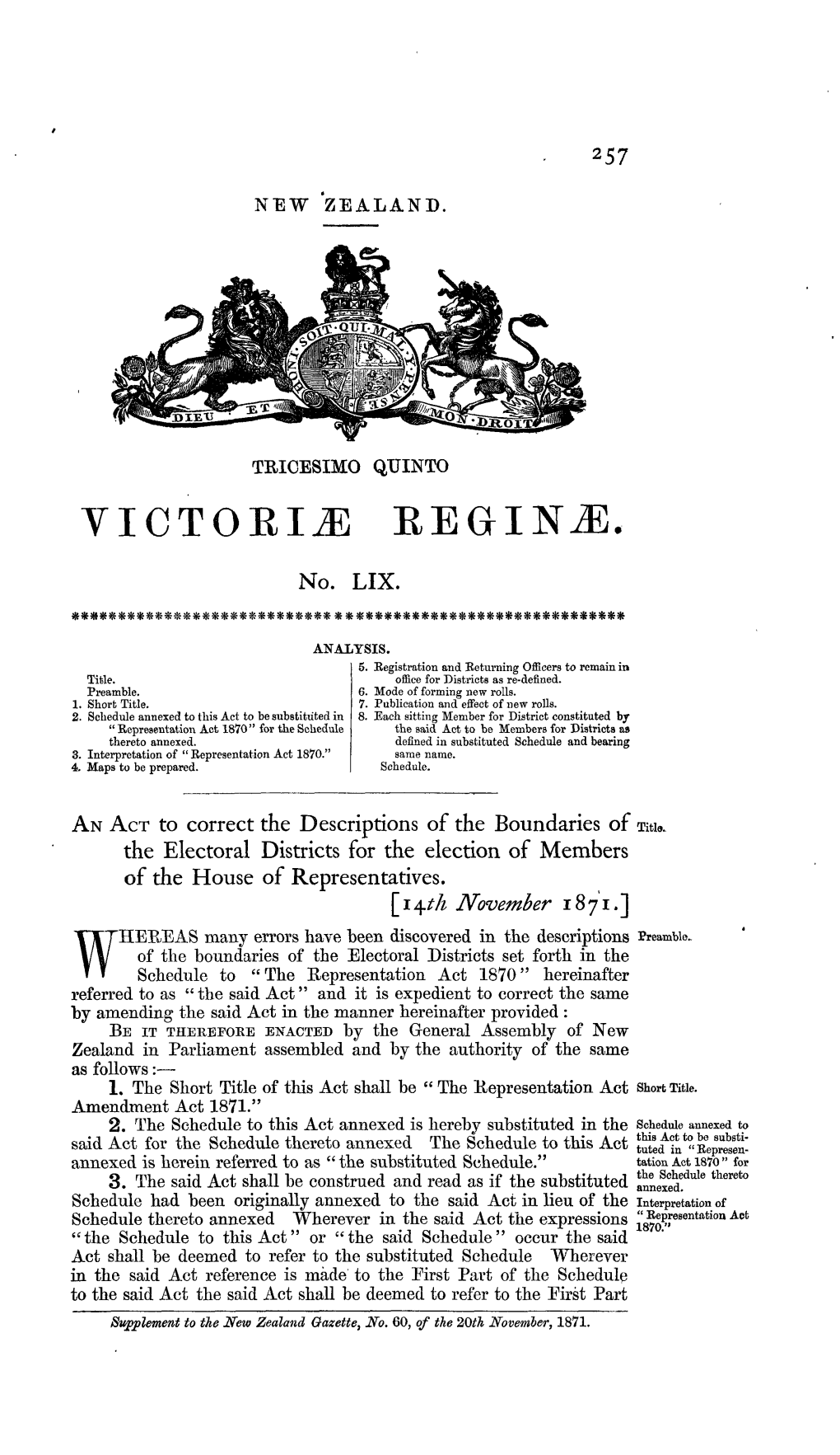 35 Victoriae 1871 No 59 Representation Act Amendment