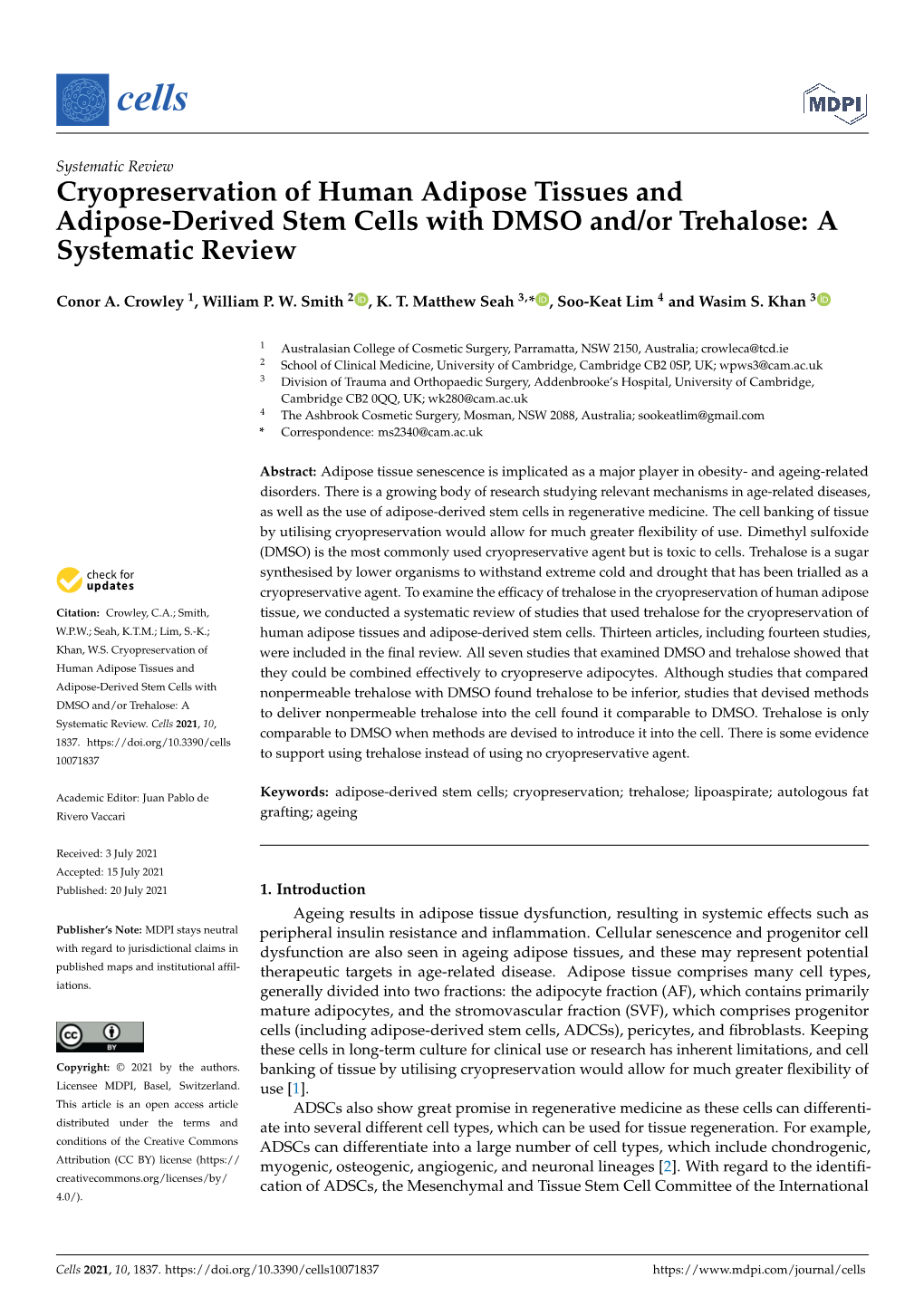 Cryopreservation of Human Adipose Tissues and Adipose-Derived Stem Cells with DMSO And/Or Trehalose: a Systematic Review