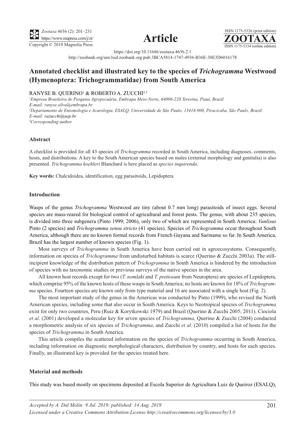 Annotated Checklist and Illustrated Key to the Species of Trichogramma Westwood (Hymenoptera: Trichogrammatidae) from South America