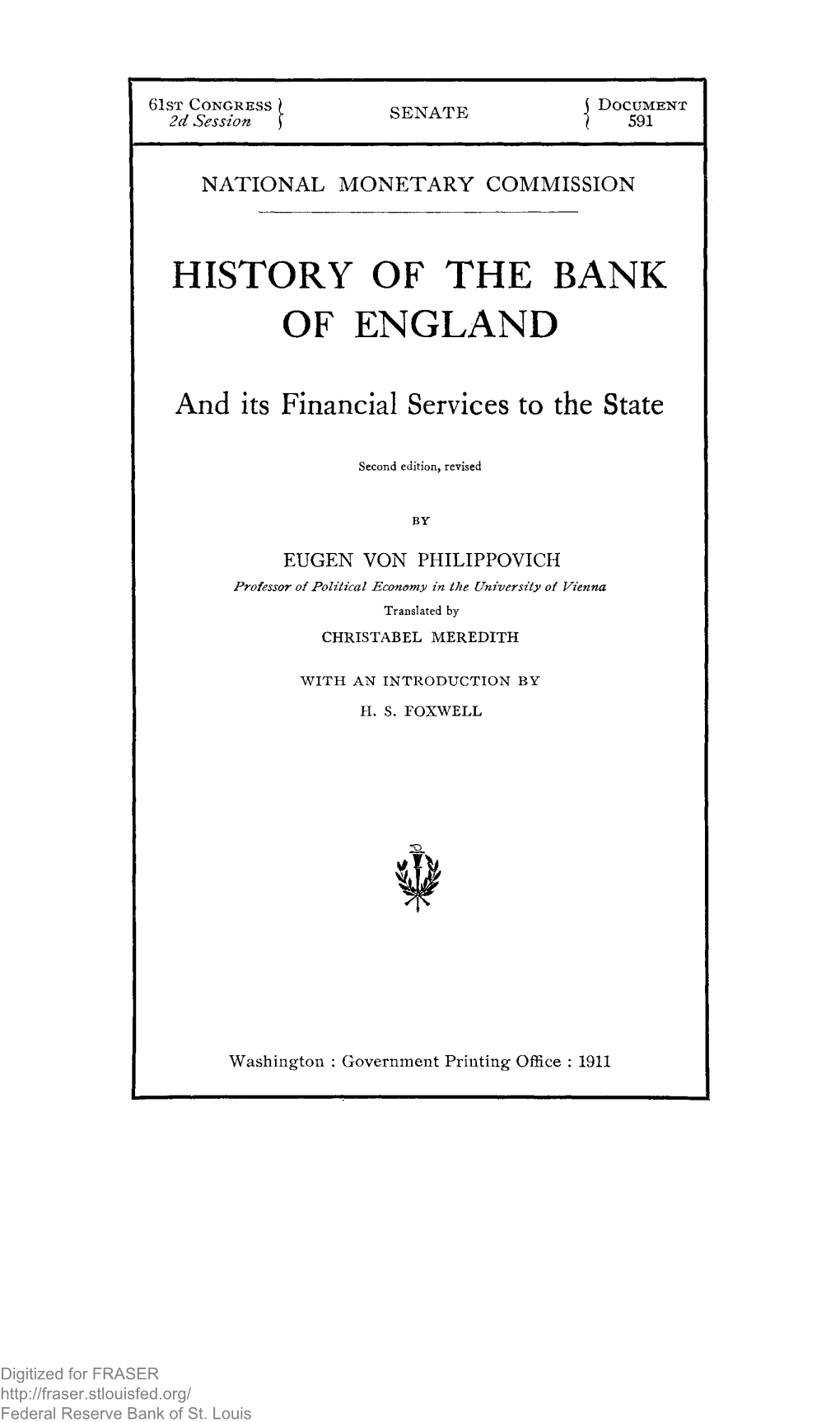 591. History of the Bank of England and Its Financial Services to the State