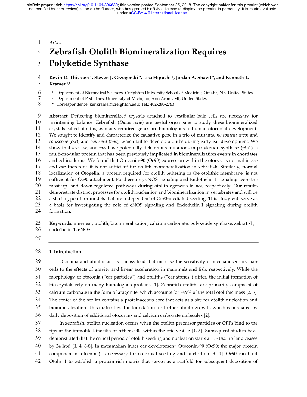 Zebrafish Otolith Biomineralization Requires Polyketide Synthase