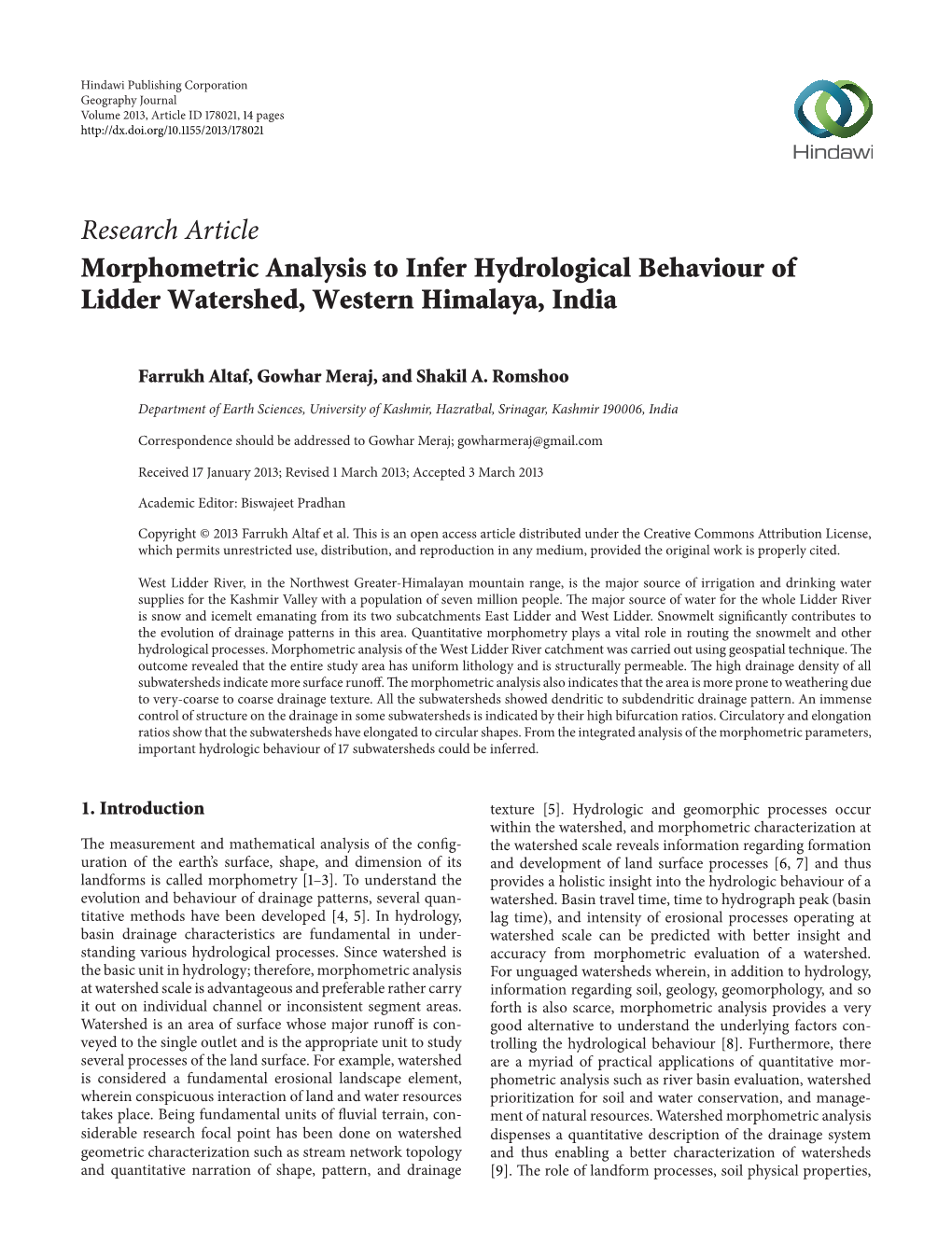 Morphometric Analysis to Infer Hydrological Behaviour of Lidder Watershed, Western Himalaya, India