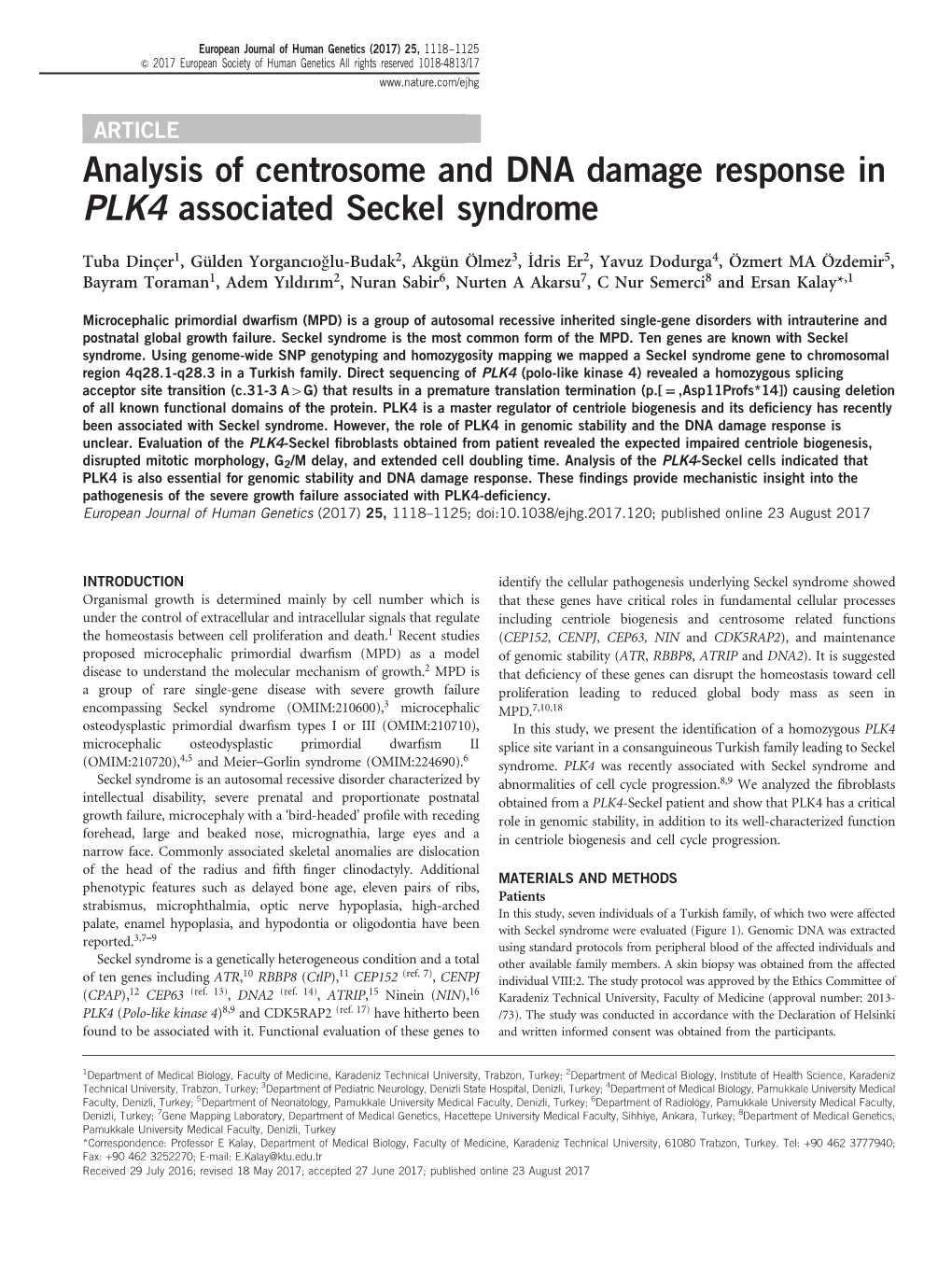 Analysis of Centrosome and DNA Damage Response in PLK4 Associated Seckel Syndrome