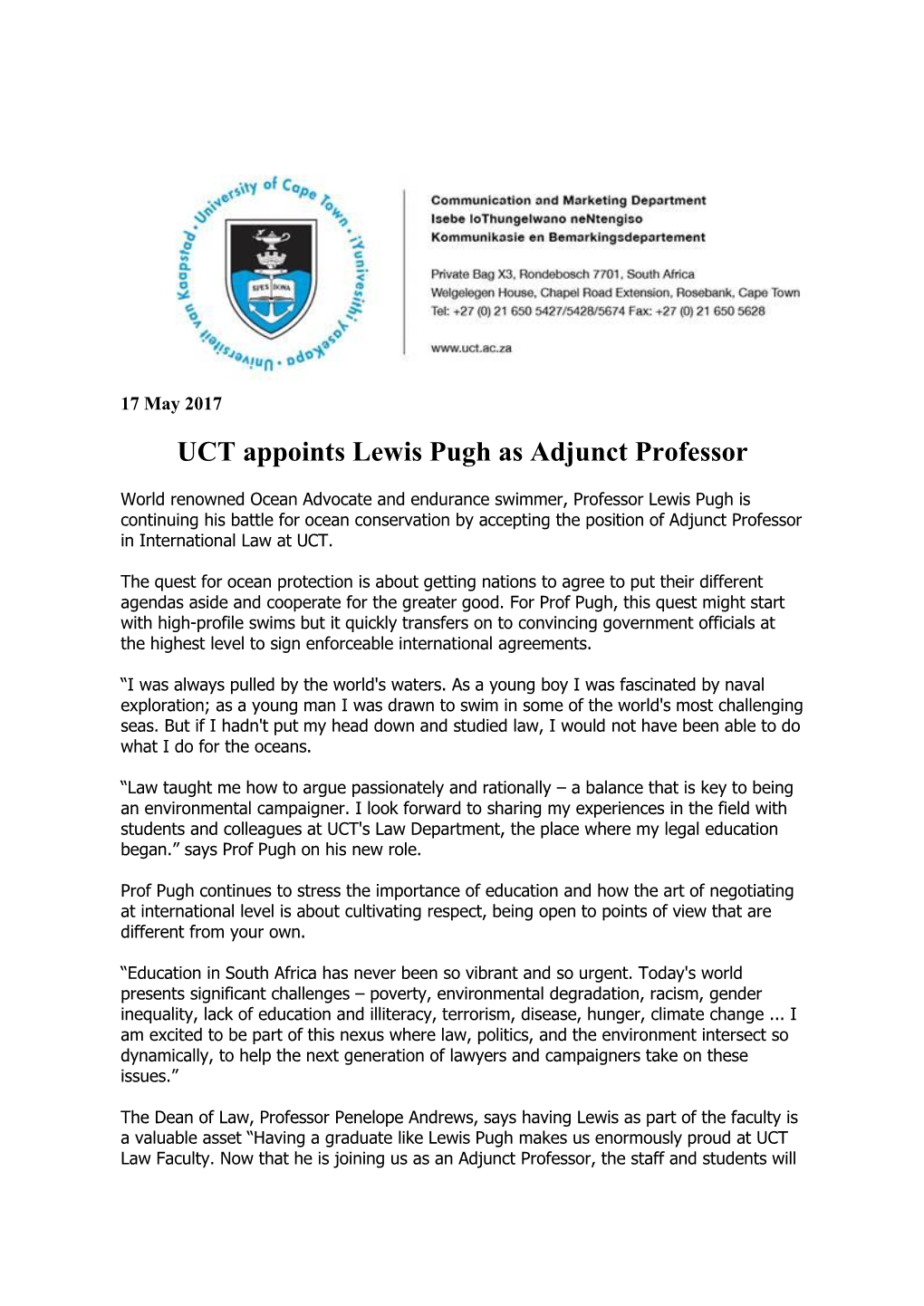UCT Appoints Lewis Pugh As Adjunct Professor