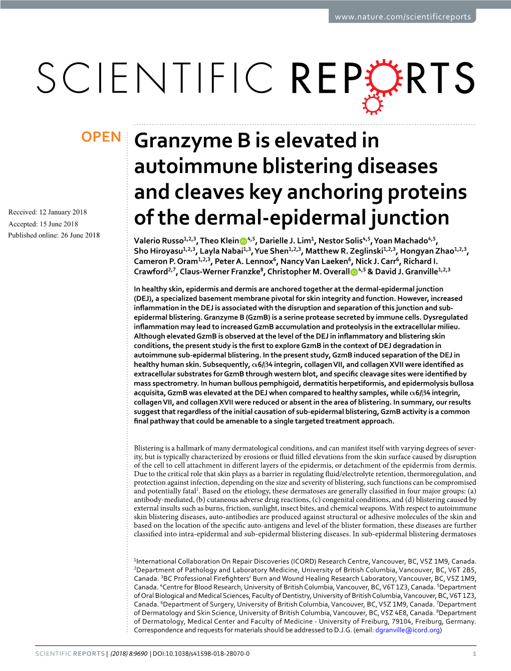 Granzyme B Is Elevated in Autoimmune Blistering Diseases