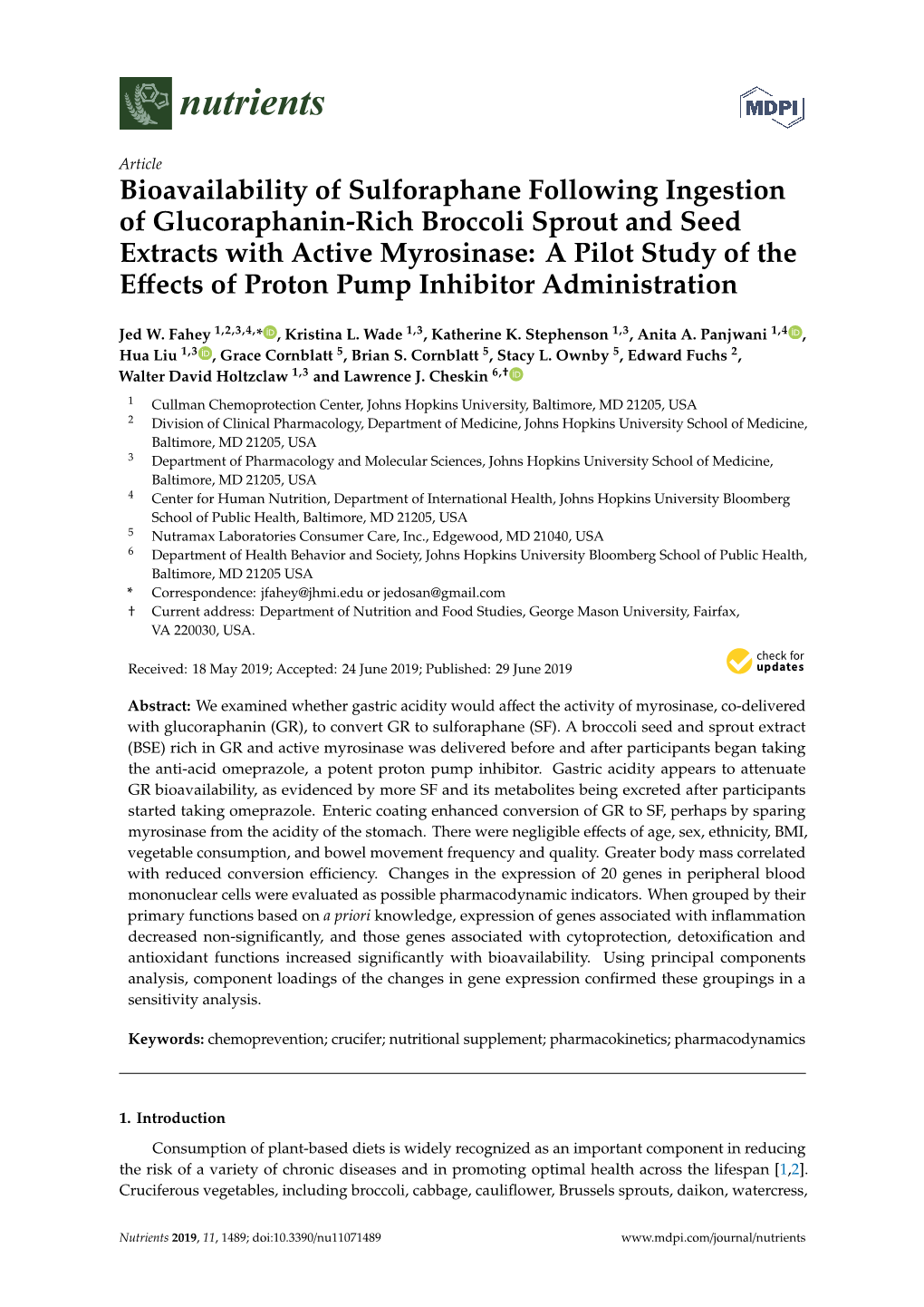 Bioavailability of Sulforaphane Following Ingestion of Glucoraphanin-Rich Broccoli Sprout and Seed Extracts with Active Myrosina