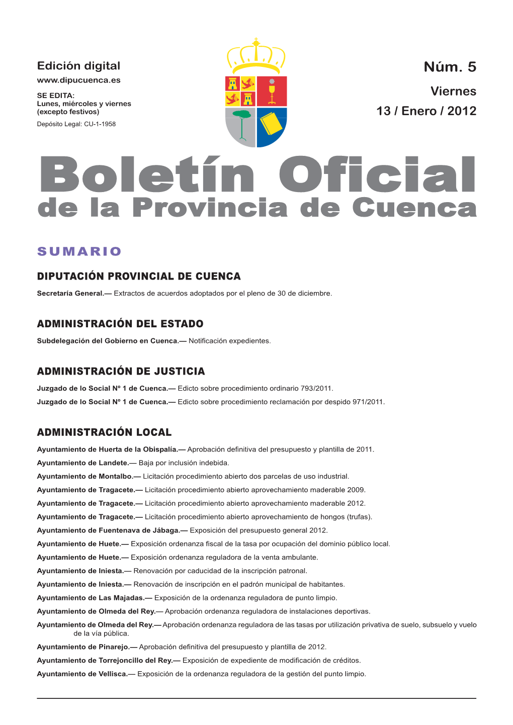 Boletín Oficial De La Provincia De Cuenca Sumario Diputación Provincial De Cuenca