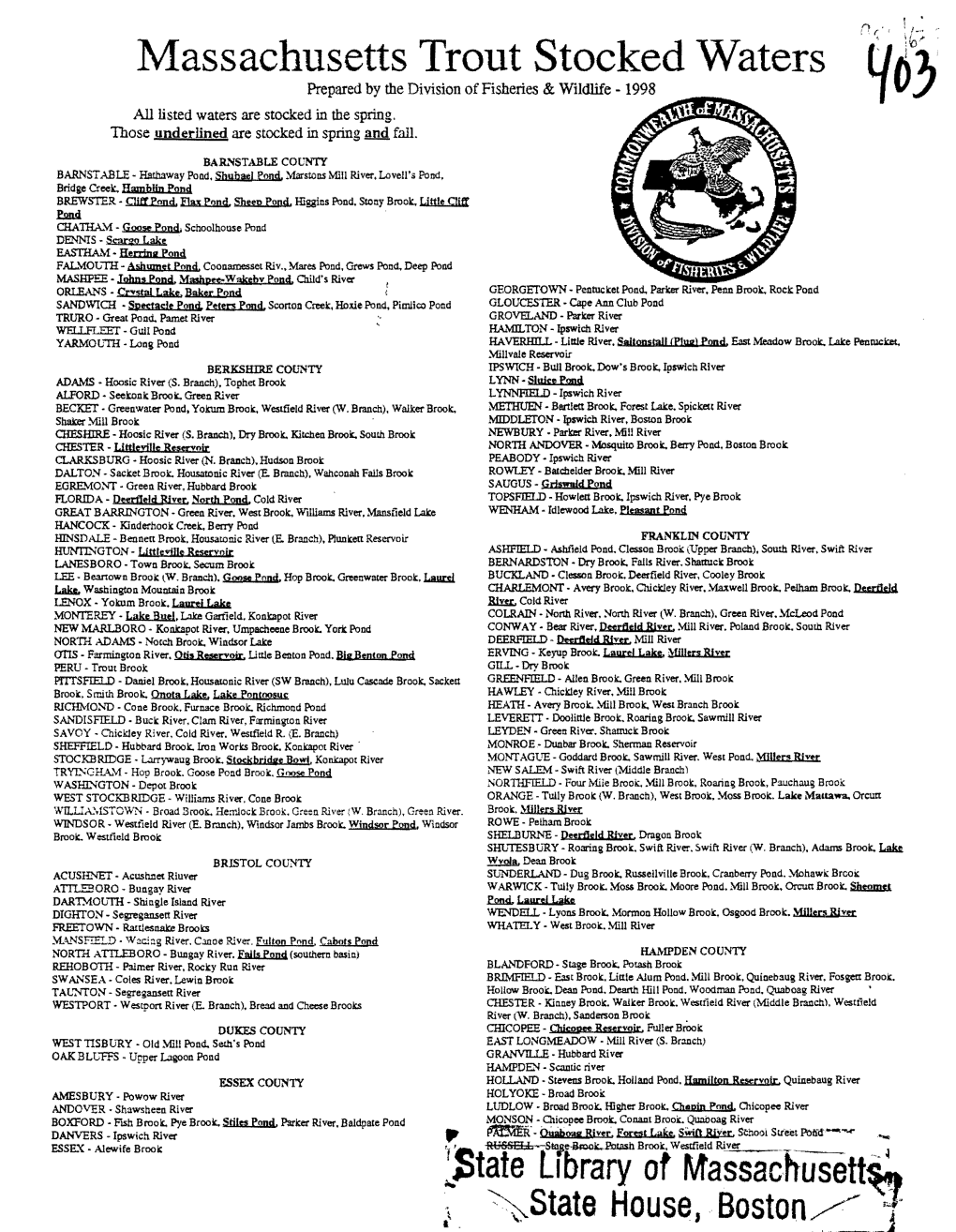 Massachusetts Trout Stocked Waters 0 } Prepared by the Division of Fisheries & Wildlife - 1998 .-6.U;:;;,..