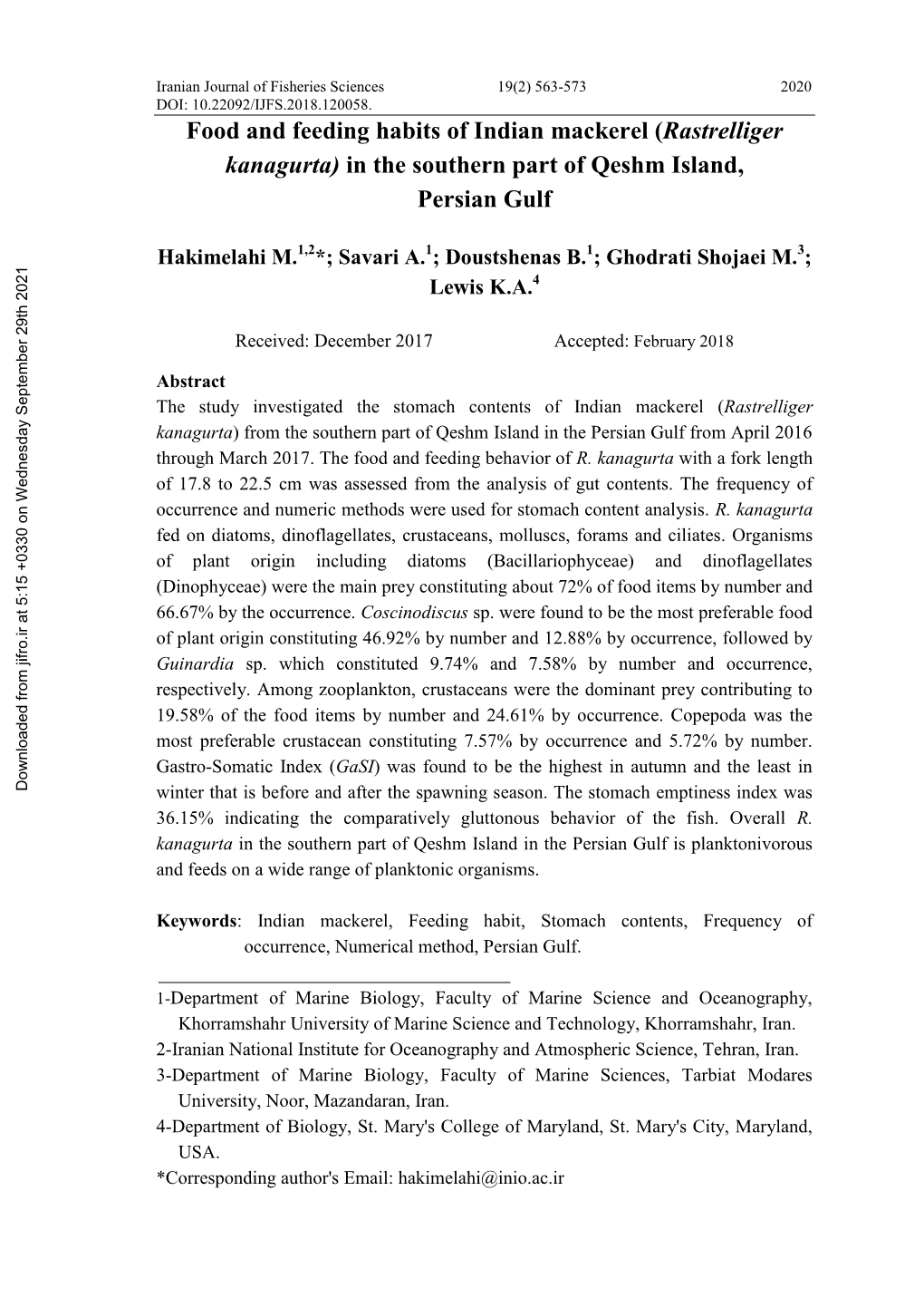 Food and Feeding Habits of Indian Mackerel (Rastrelliger Kanagurta) in the Southern Part of Qeshm Island, Persian Gulf