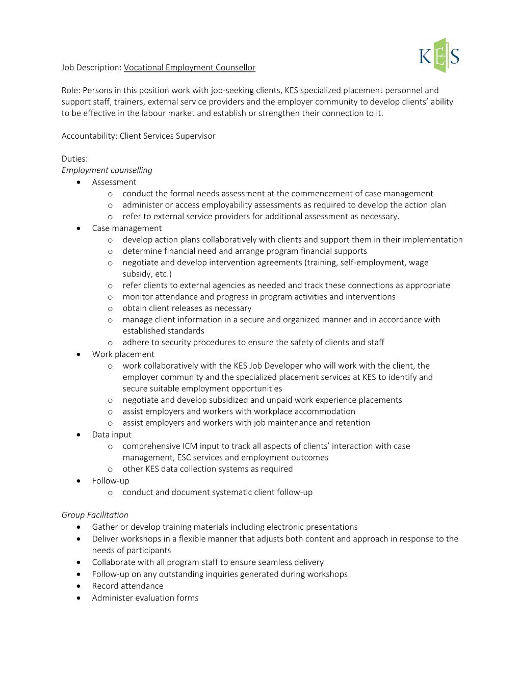 Job Description: Vocational Employment Counsellor Role