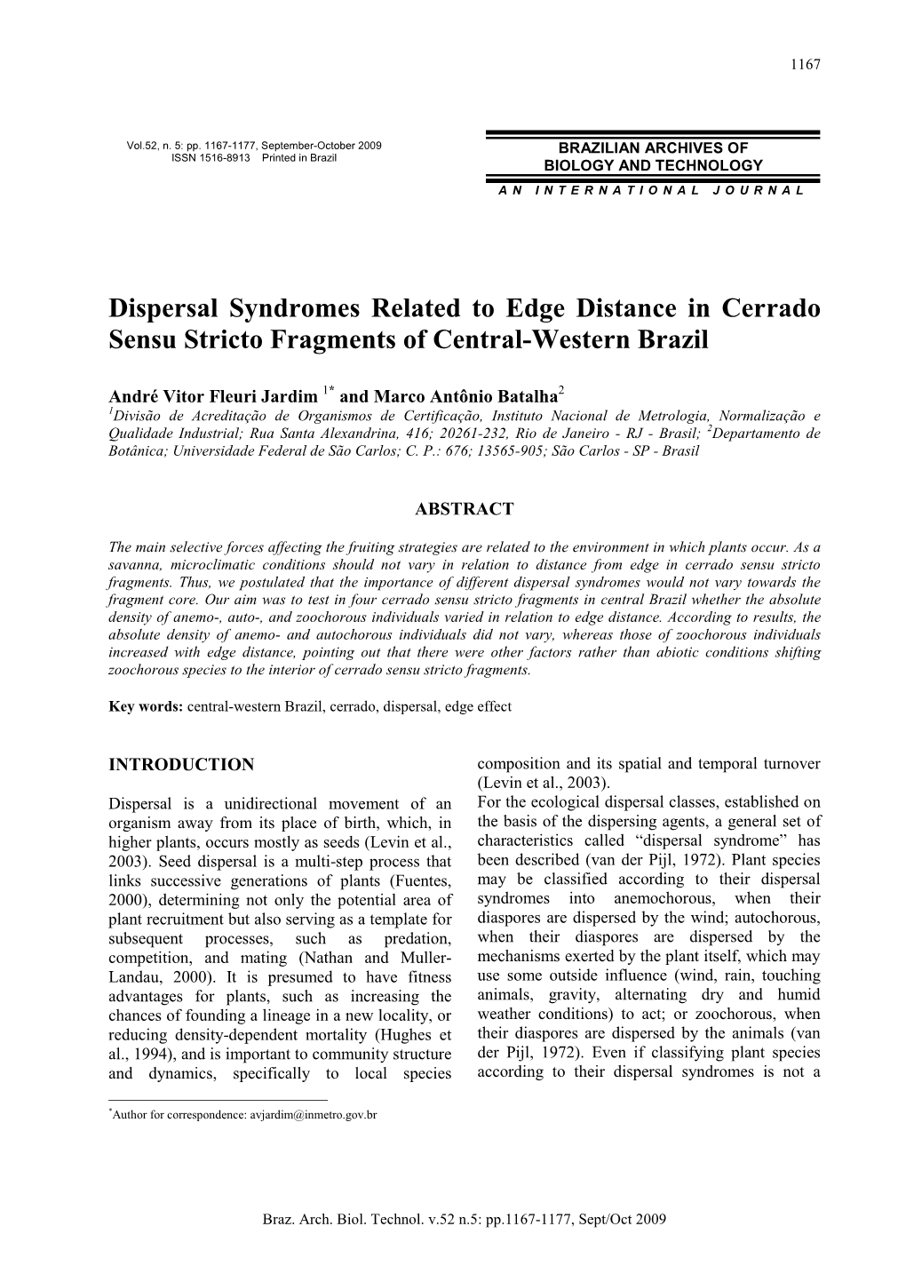 Dispersal Syndromes Related to Edge Distance in Cerrado Sensu Stricto Fragments of Central-Western Brazil