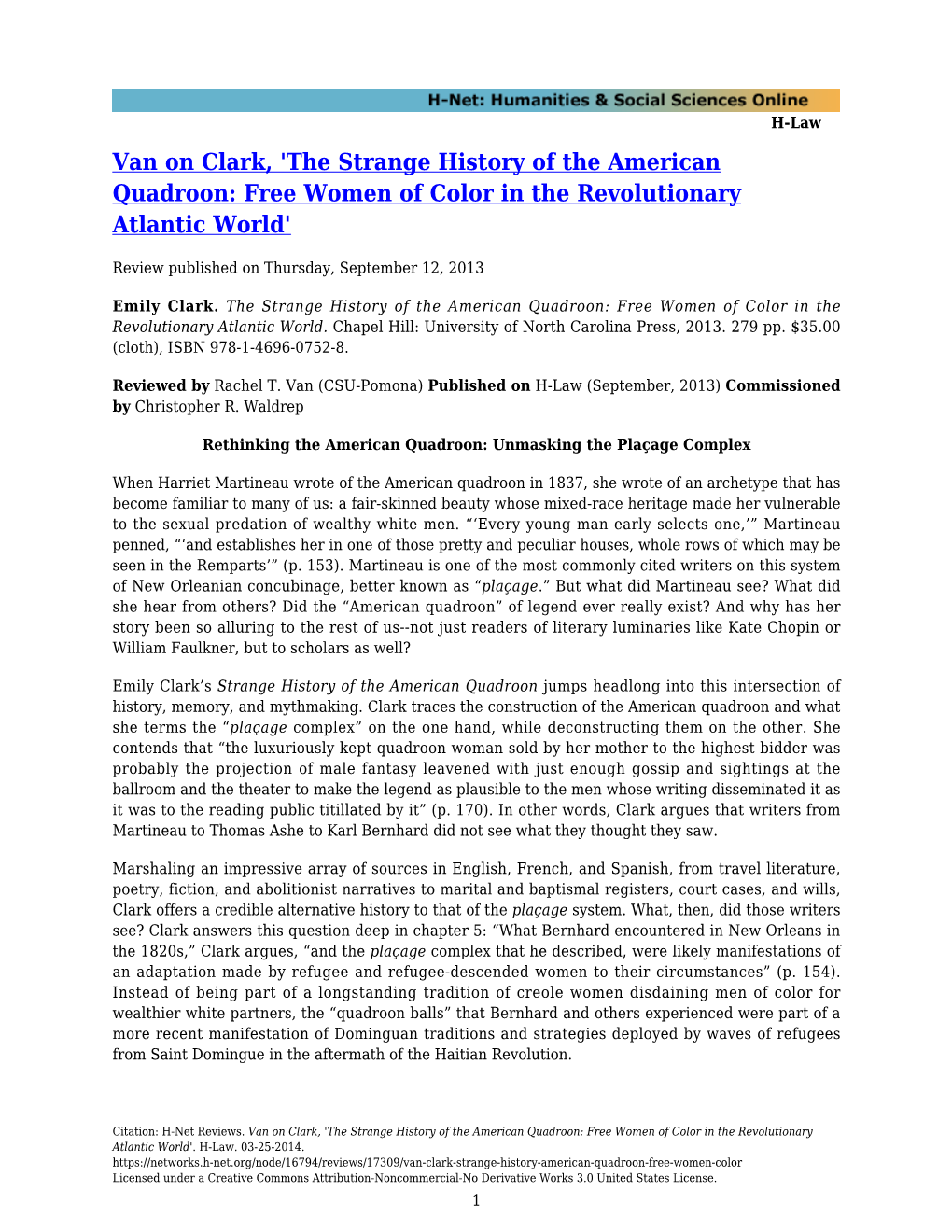 Van on Clark, 'The Strange History of the American Quadroon: Free Women of Color in the Revolutionary Atlantic World'