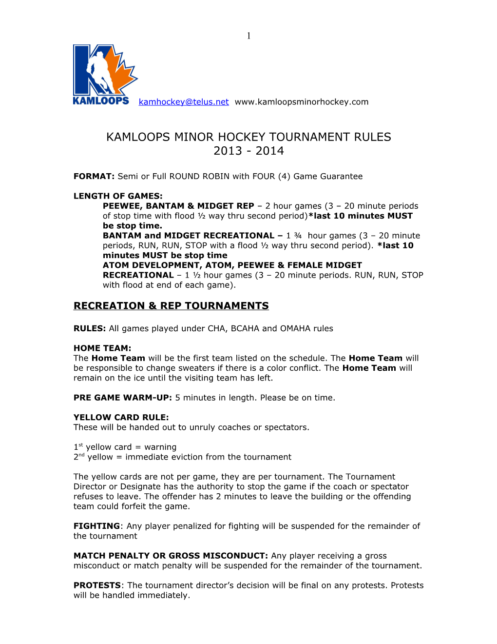 Kamloops Minor Hockey Tournament Rules