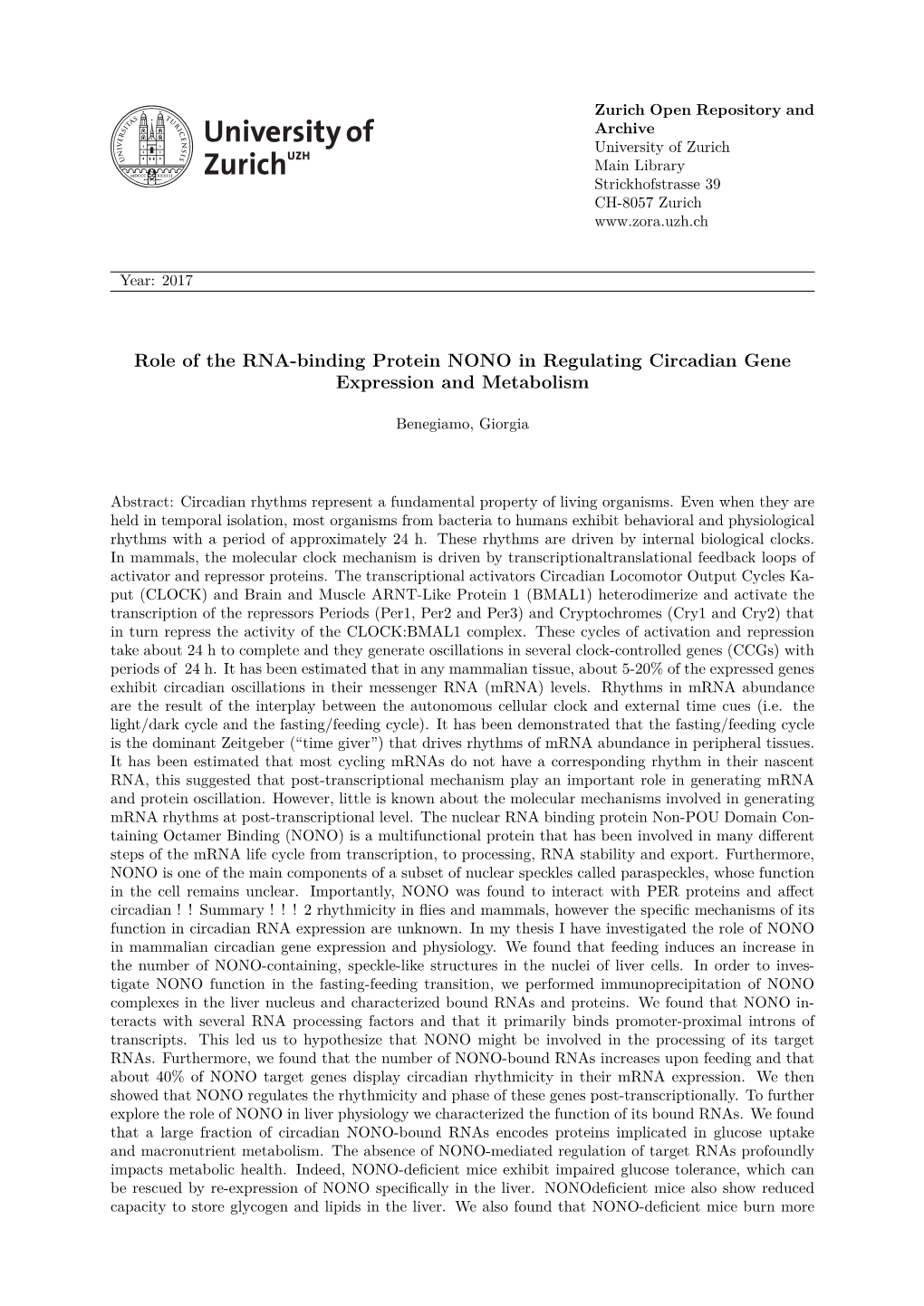 Role of the RNA-Binding Protein NONO in Regulating Circadian Gene Expression and Metabolism