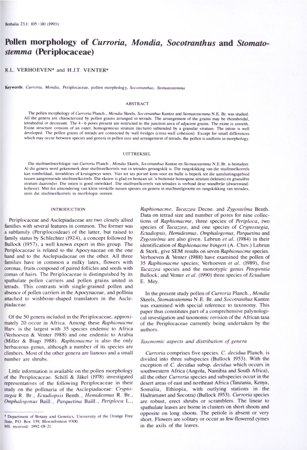 Pollen Morphology of Curroria, Mondia, Socotranthus and Stomato- Stemma (Periplocaceae)