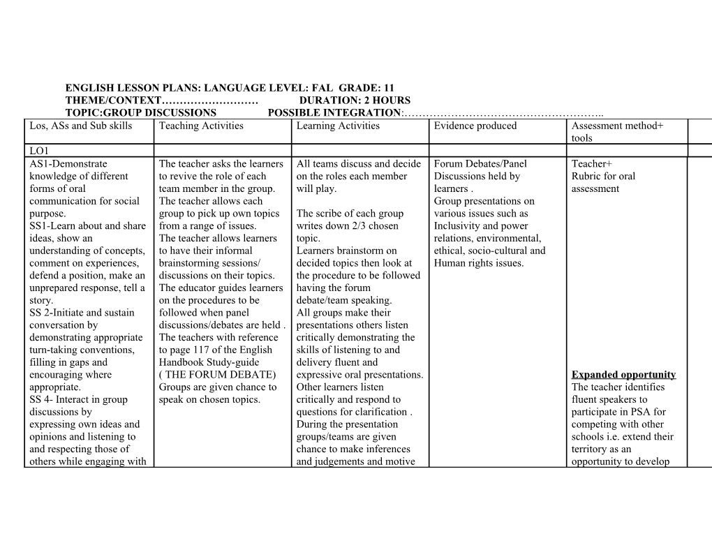 English Lesson Plans: Language Leve: Fal Grade: 11