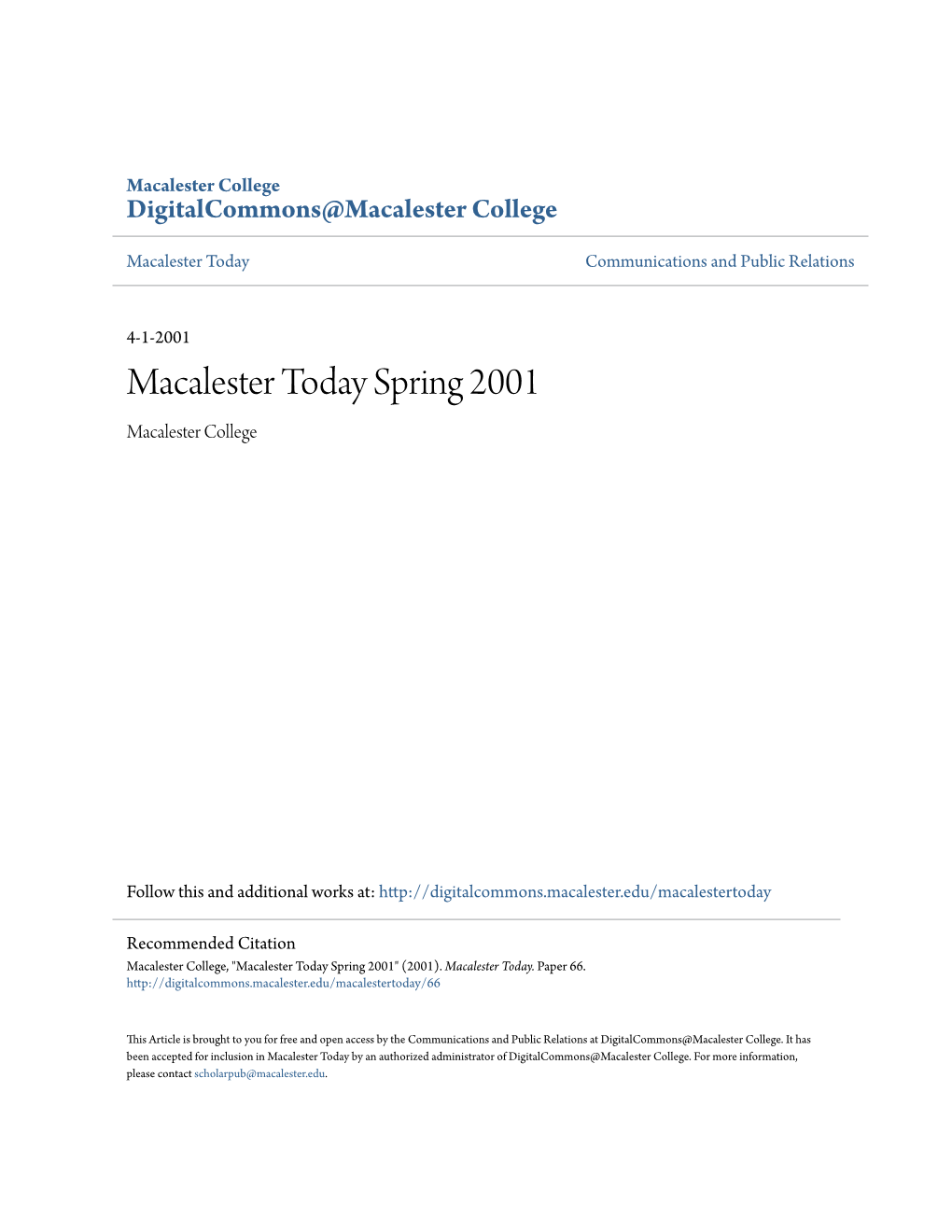 Macalester Today Spring 2001 Macalester College