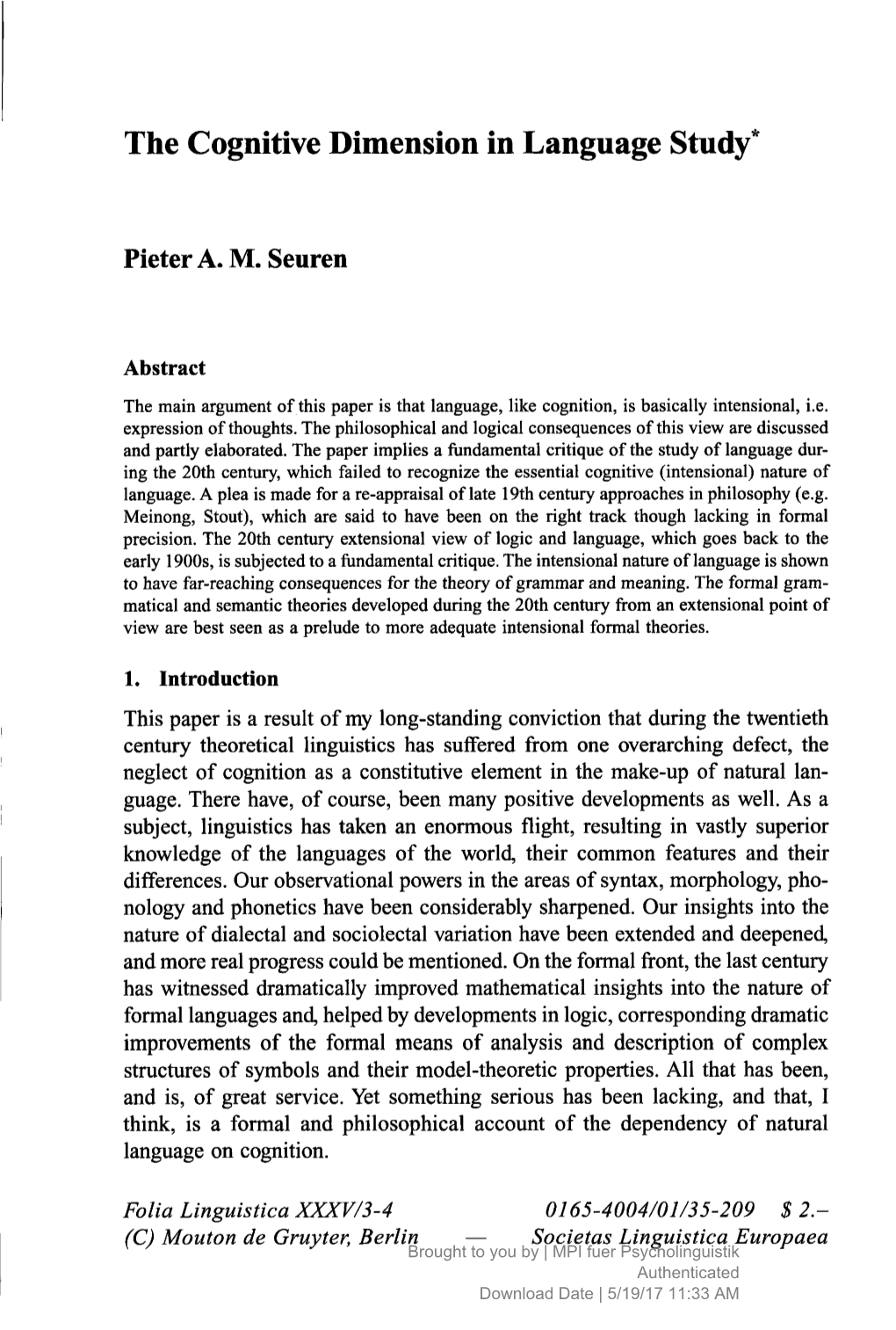 The Cognitive Dimension in Language Study*