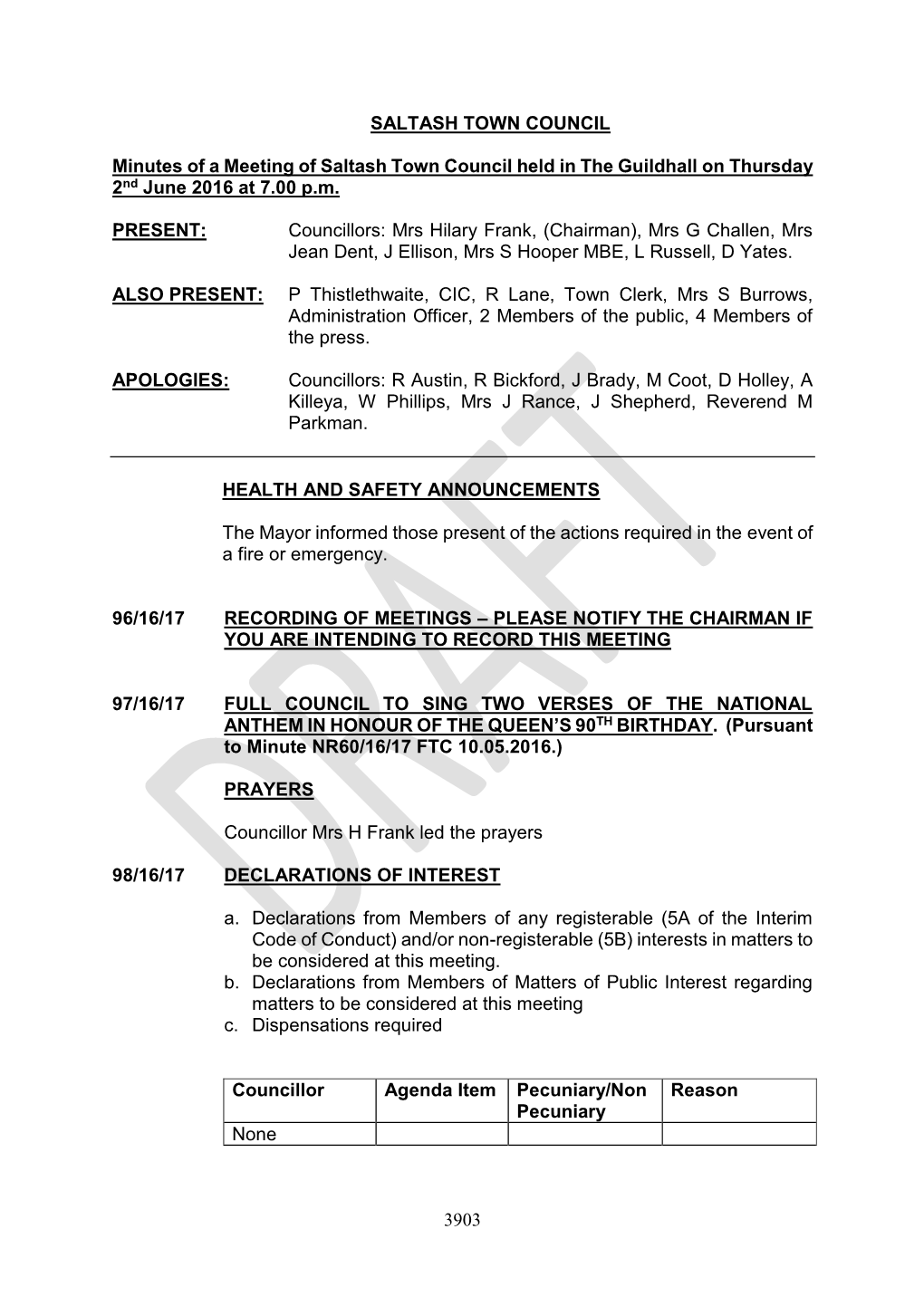 3903 SALTASH TOWN COUNCIL Minutes of a Meeting of Saltash