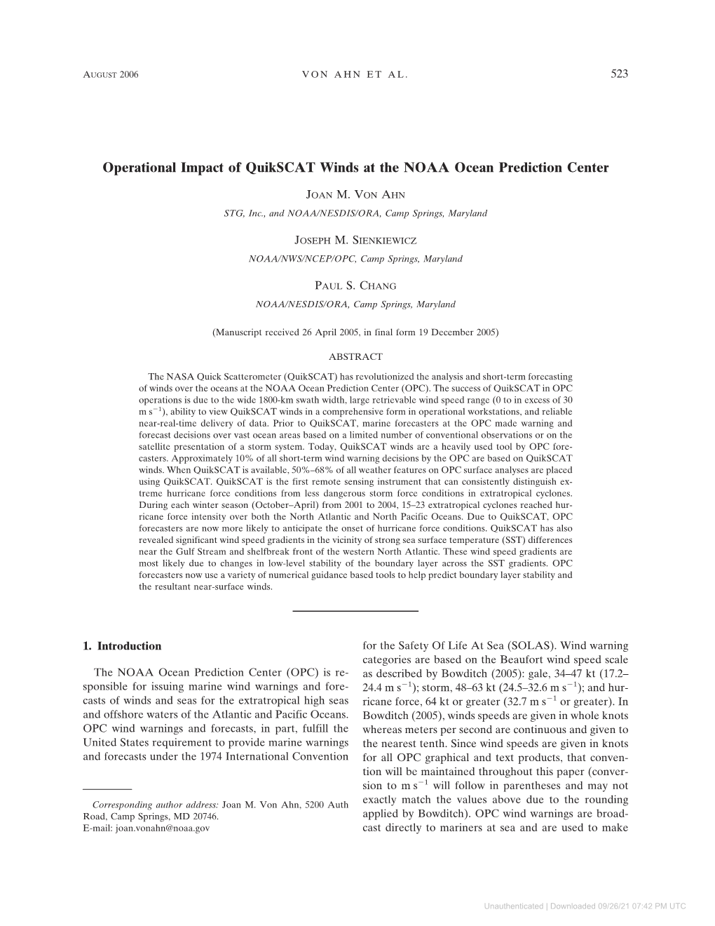 Operational Impact of Quikscat Winds at the NOAA Ocean Prediction Center