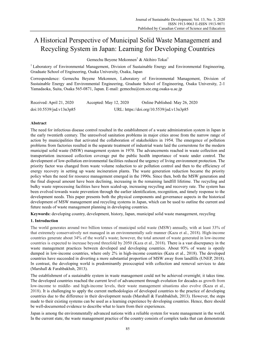 A Historical Perspective of Municipal Solid Waste Management and Recycling System in Japan: Learning for Developing Countries