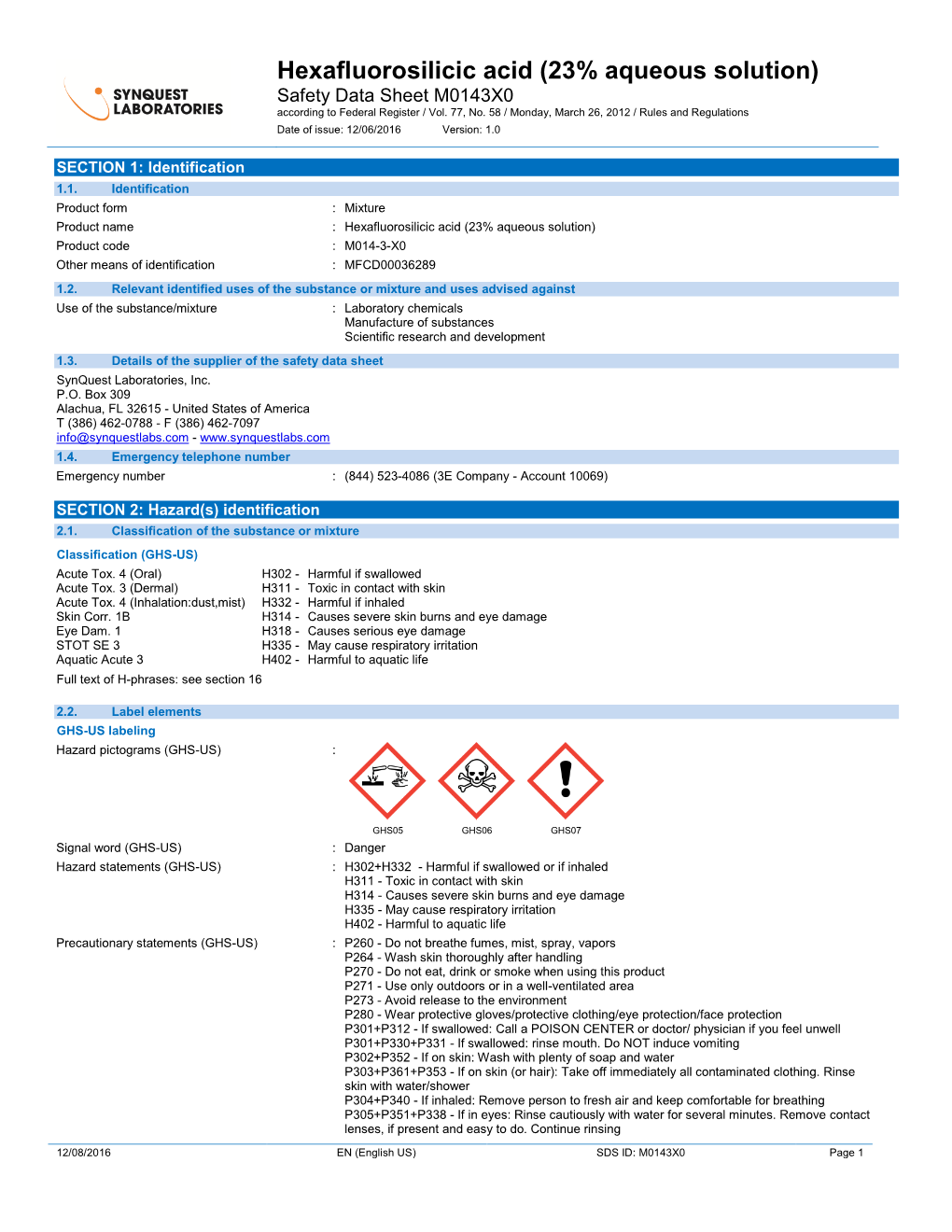 Hexafluorosilicic Acid (23% Aqueous Solution) Safety Data Sheet M0143X0 According to Federal Register / Vol