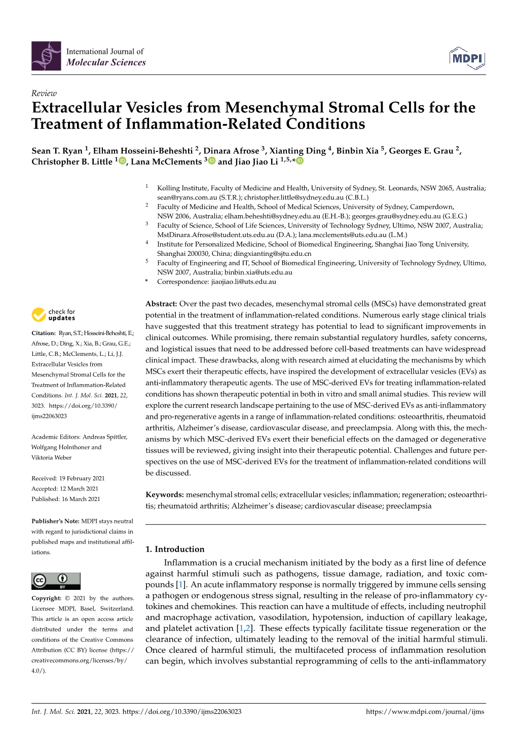 Extracellular Vesicles from Mesenchymal Stromal Cells for the Treatment of Inﬂammation-Related Conditions