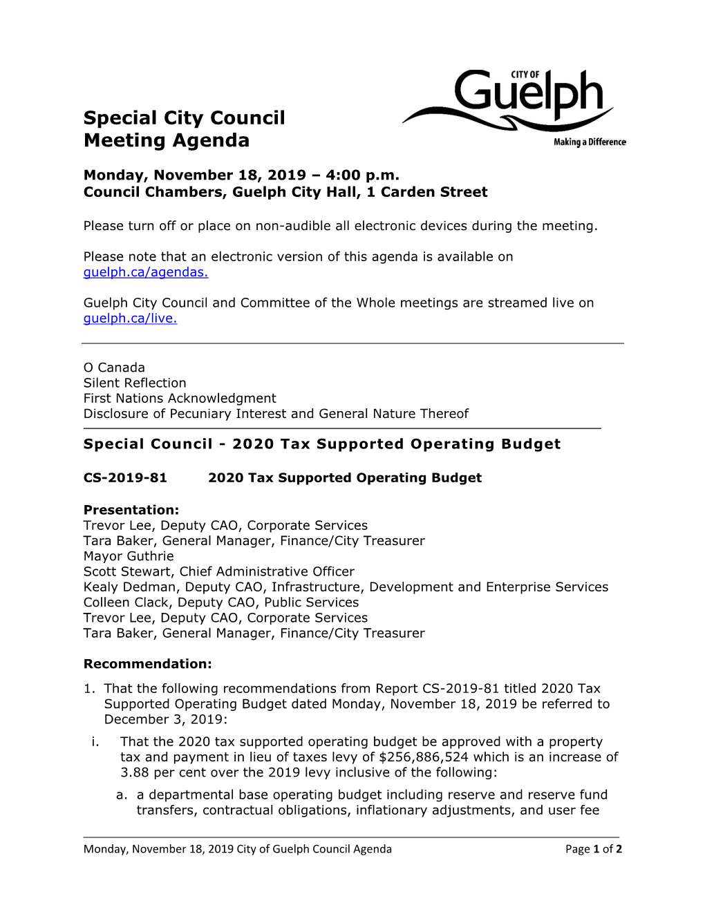Special City Council Meeting Agenda