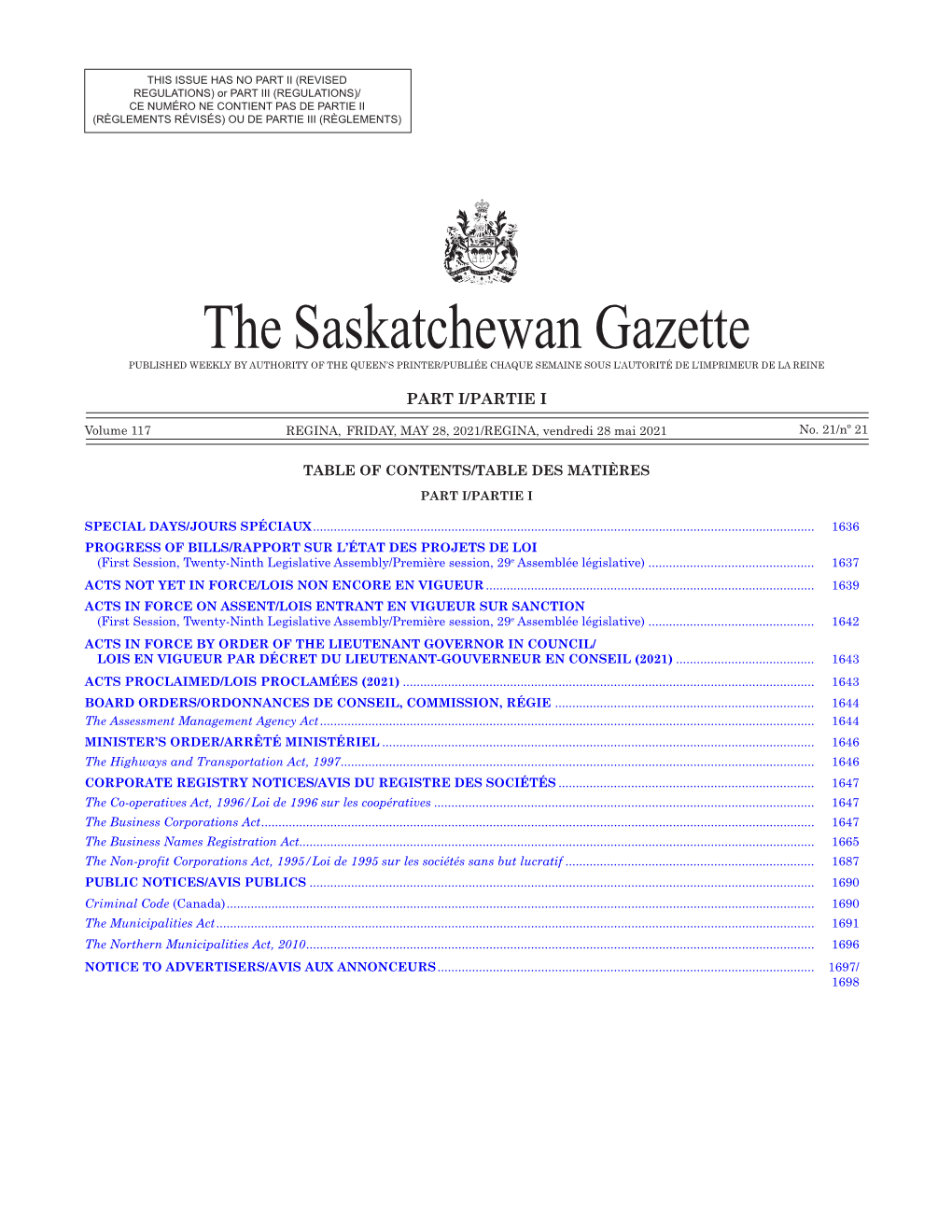 Gazette Part I, May 28, 2021